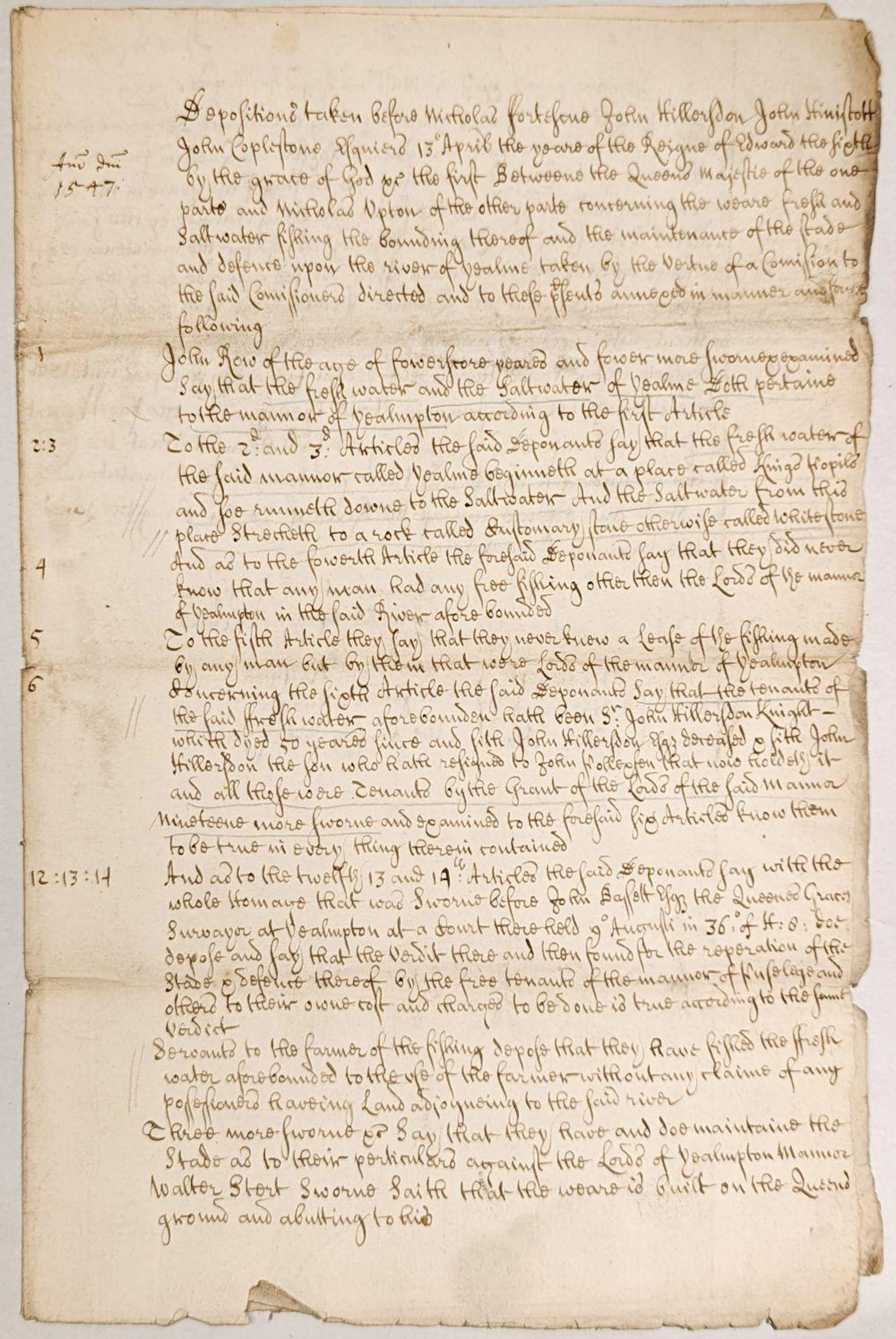 Devon. Manuscript deposition with judgement for fishing rights on the Yealm