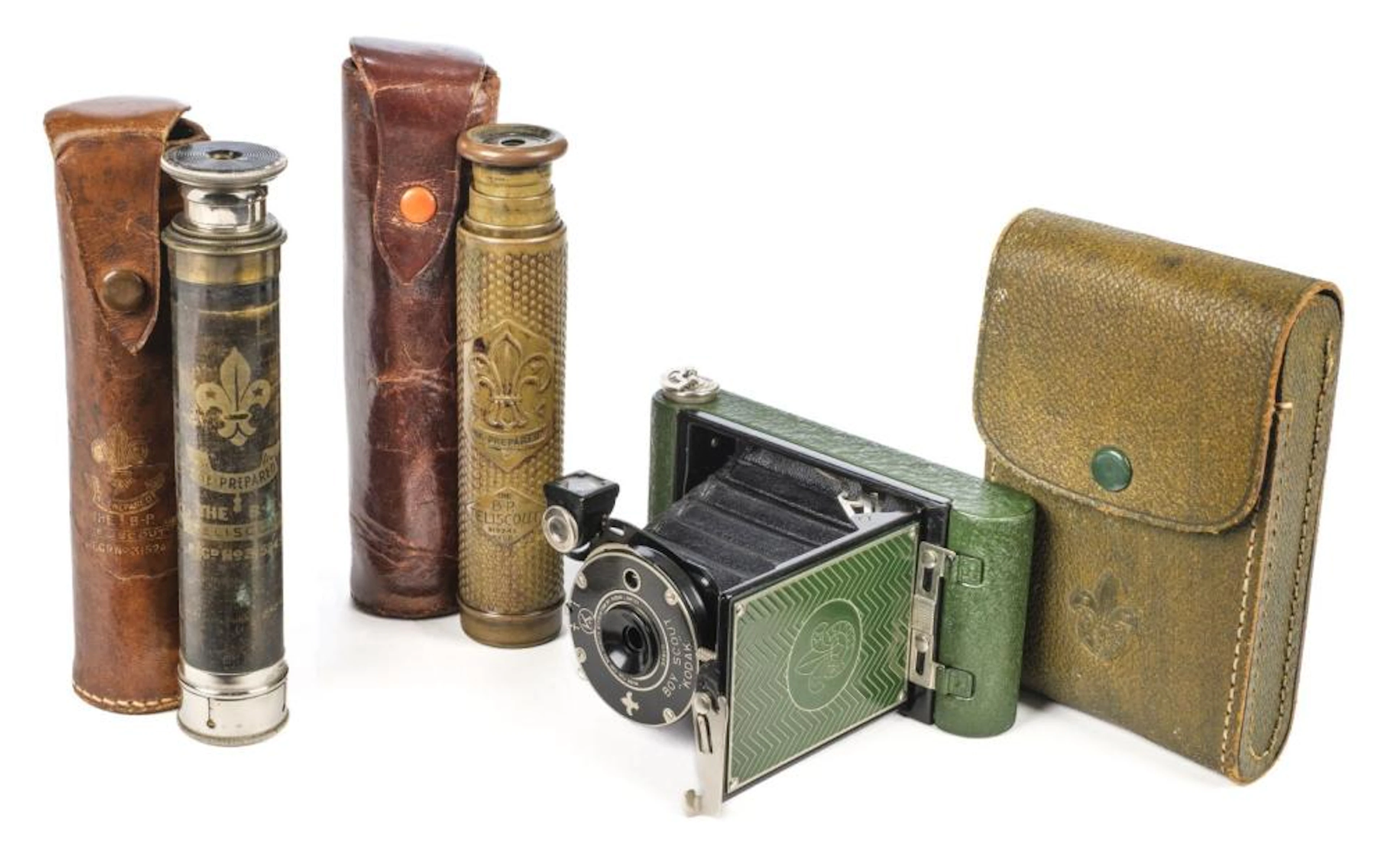 Scouting. A Kodak Boy Scout folding camera plus two telescopes