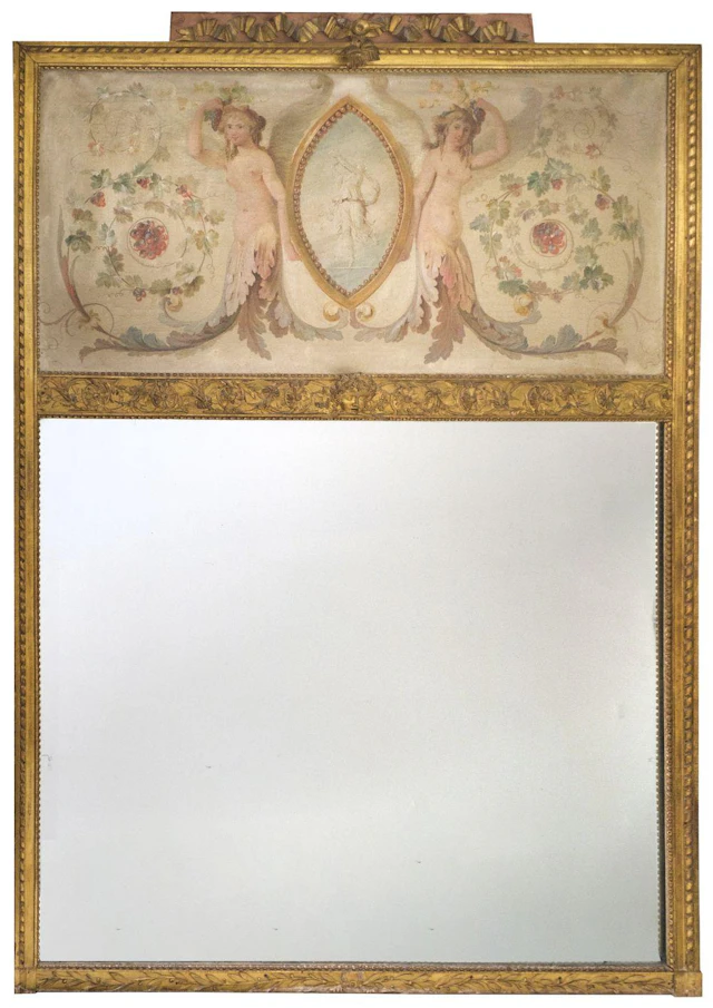 Mirror. A large painted and gilt trumeau overmantle, English, circa 1790-1810
