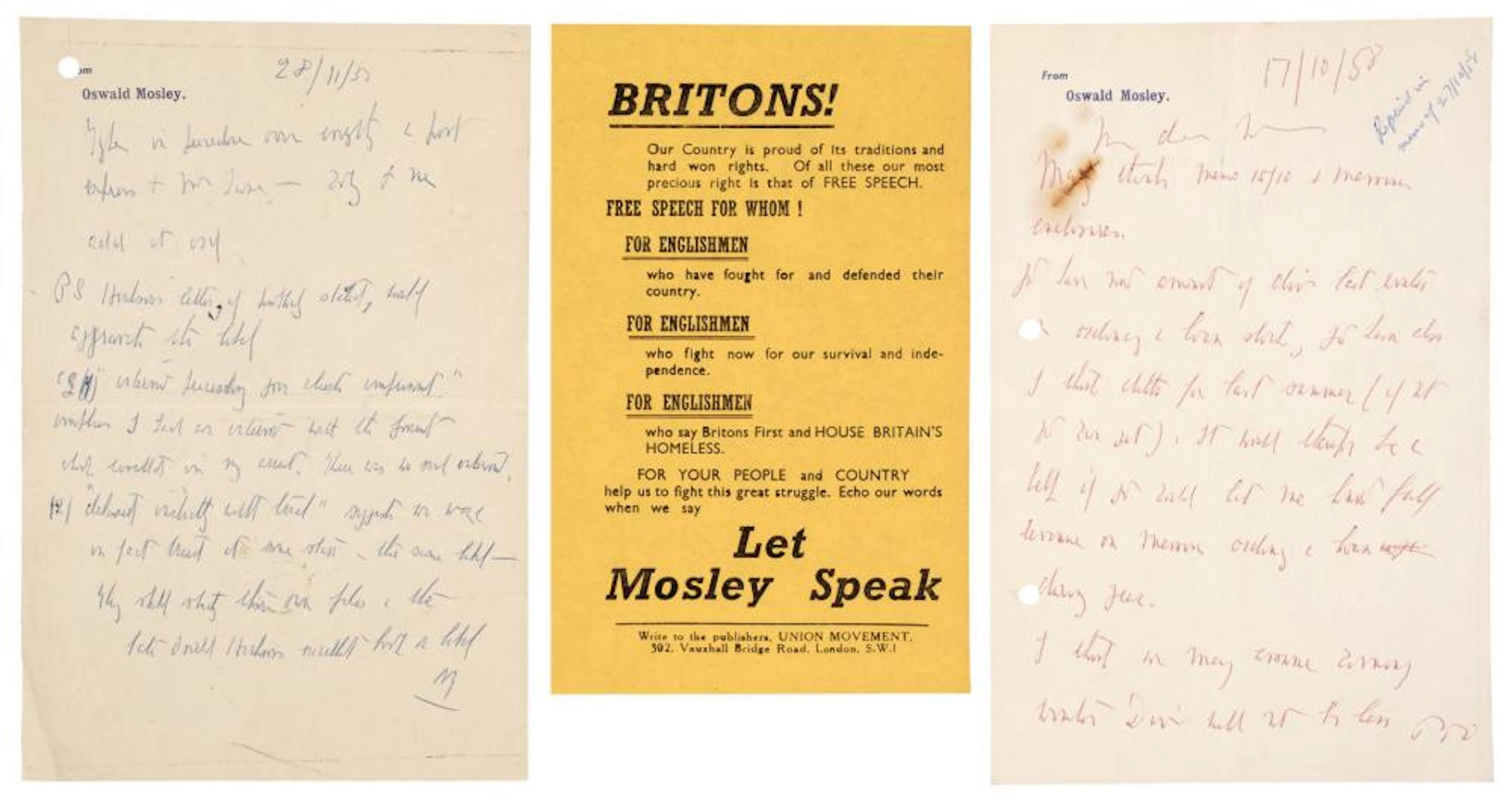 Mosley (Oswald, 1896-1980). Two Autograph Letters Signed with initials, 'O.M'
