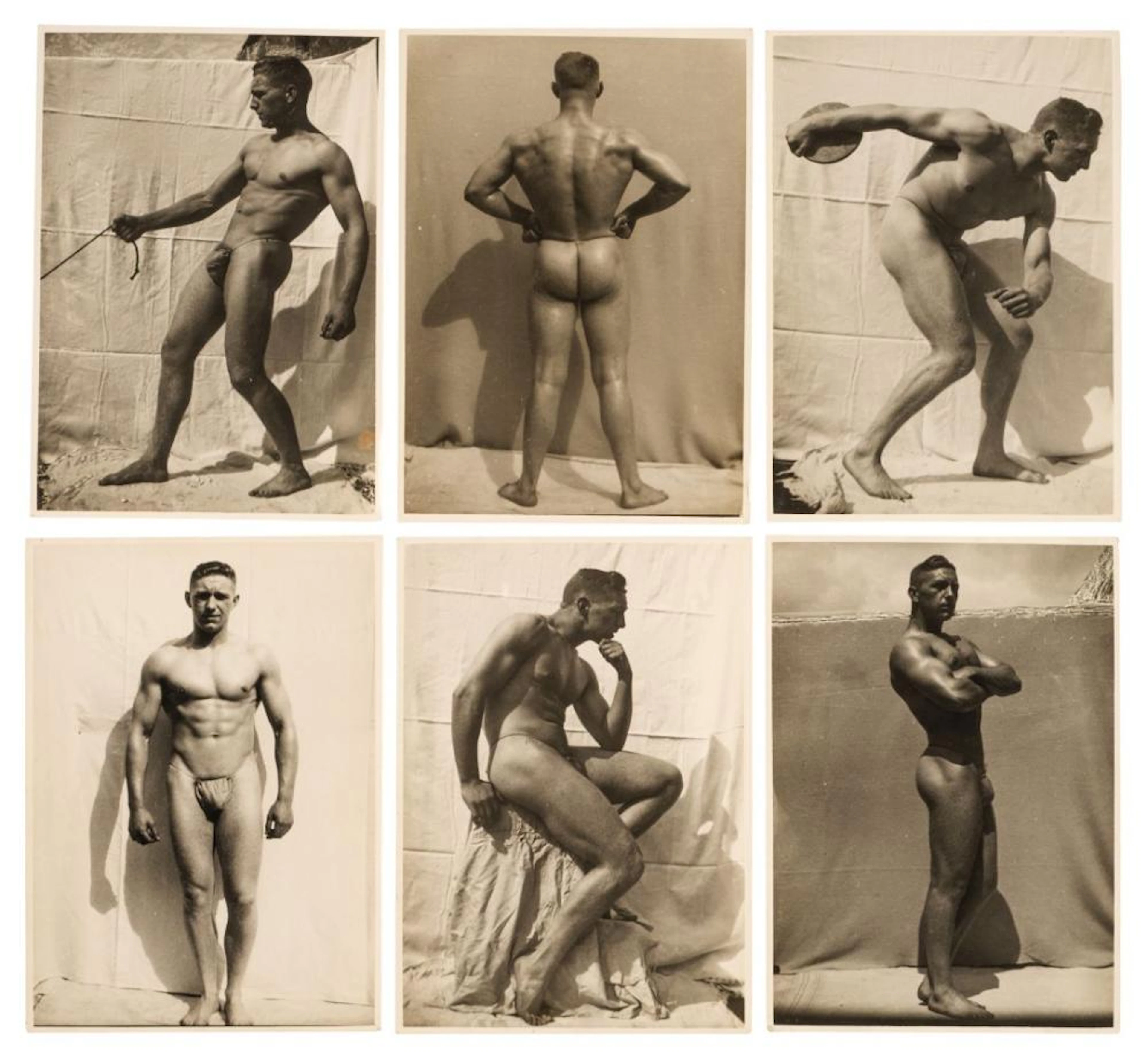 Male nude. A group of 6 vintage photographs of bodybuilder Frank Bell, 1937/40