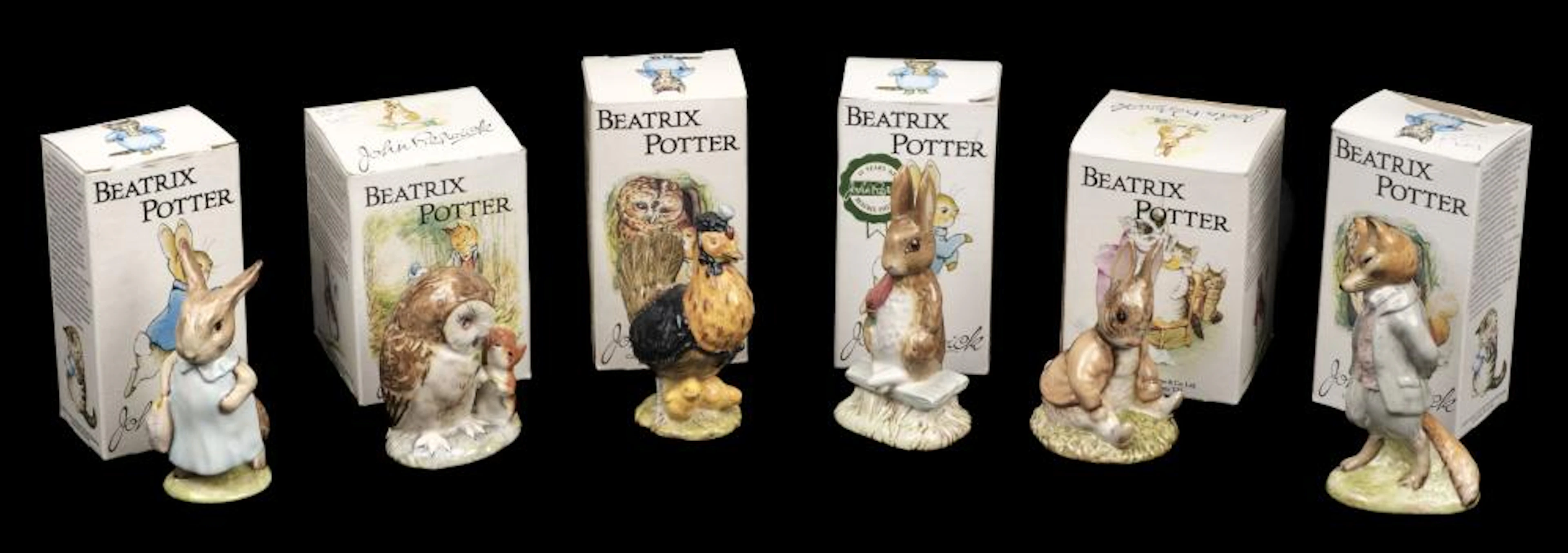 Beswick. A group of Beatrix Potter pottery figures, each with Beswick brown line