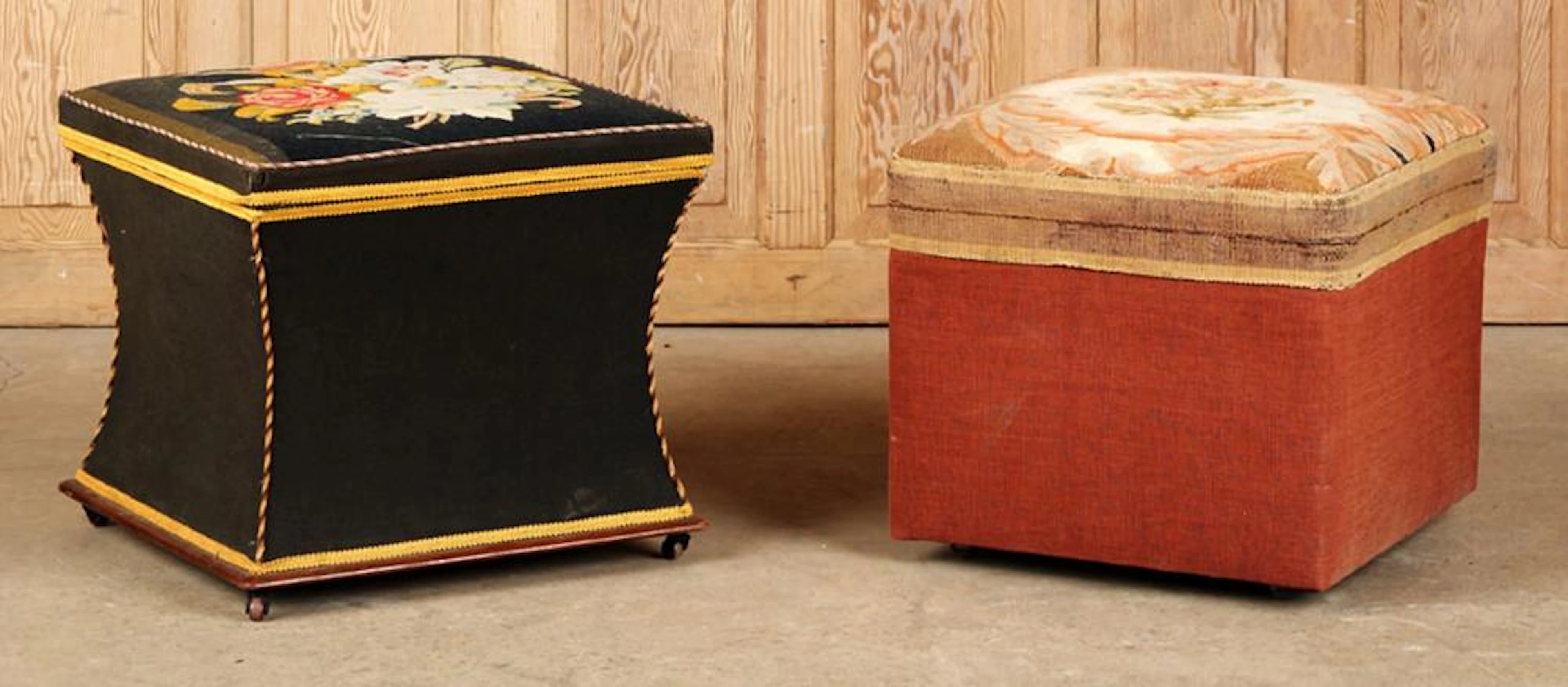 TWO ANTIQUE UPHOLSTERED FOOT STOOLS