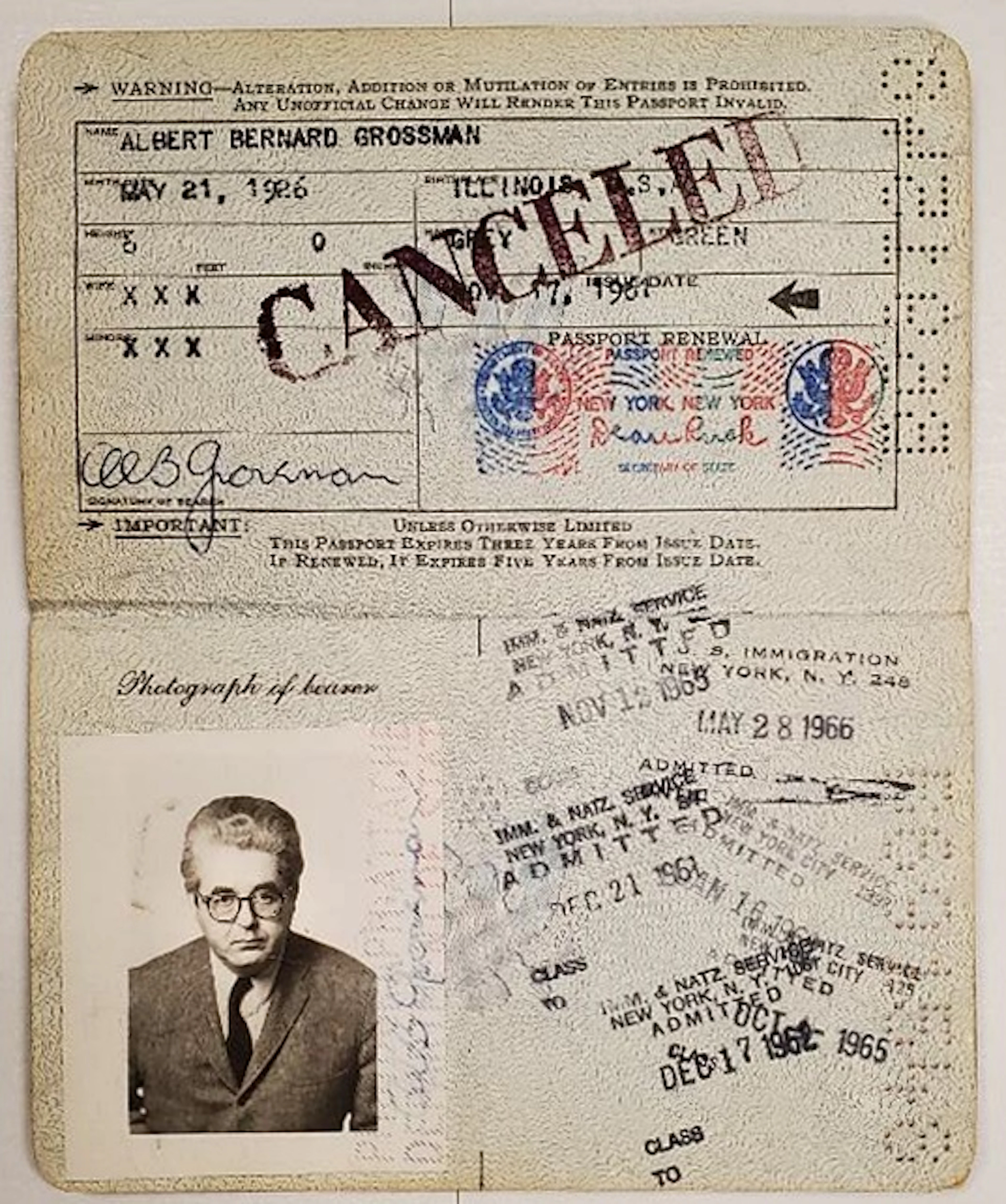 Albert Grossman Signed Original Passport