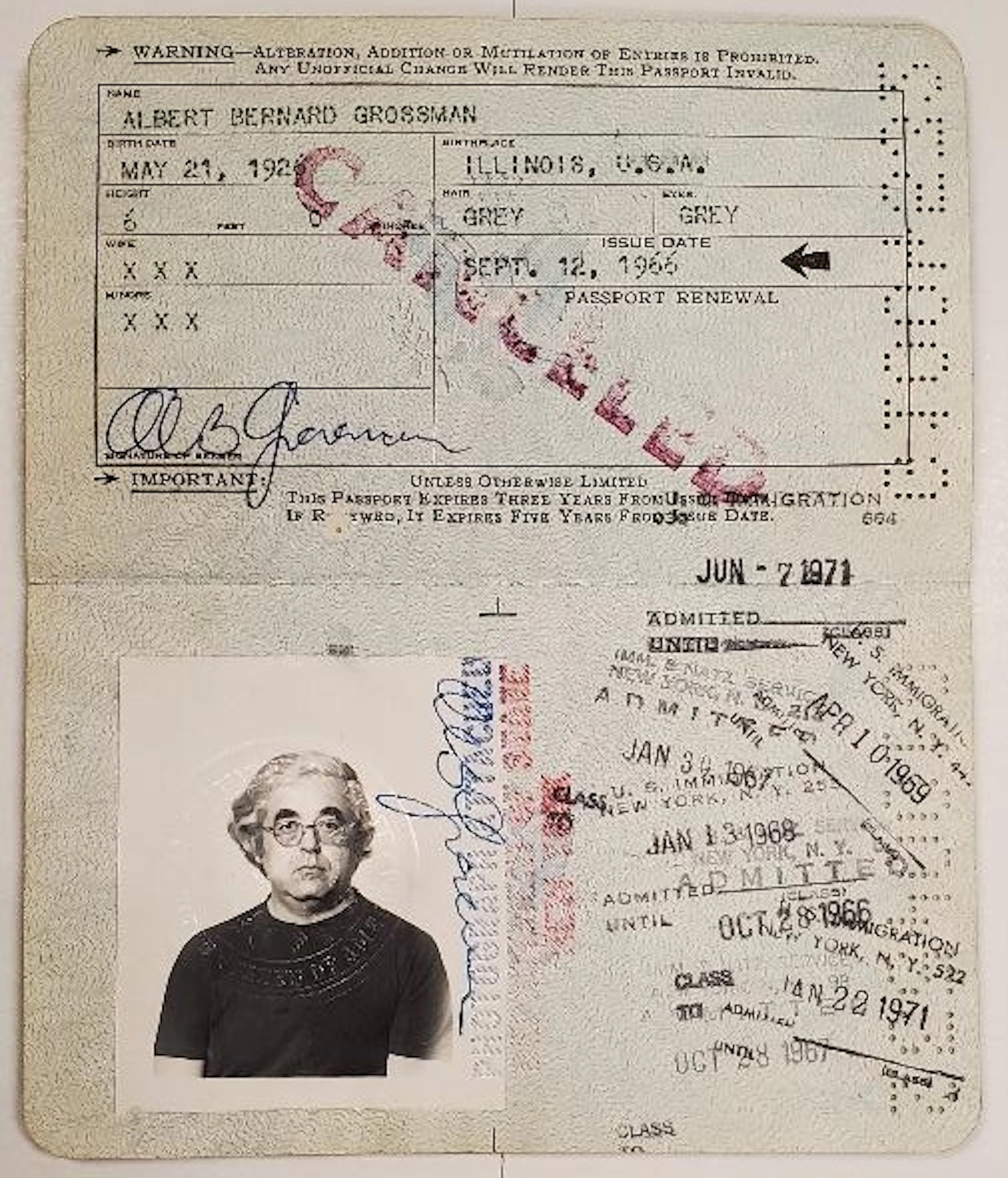 Albert Grossman Signed Original Passport