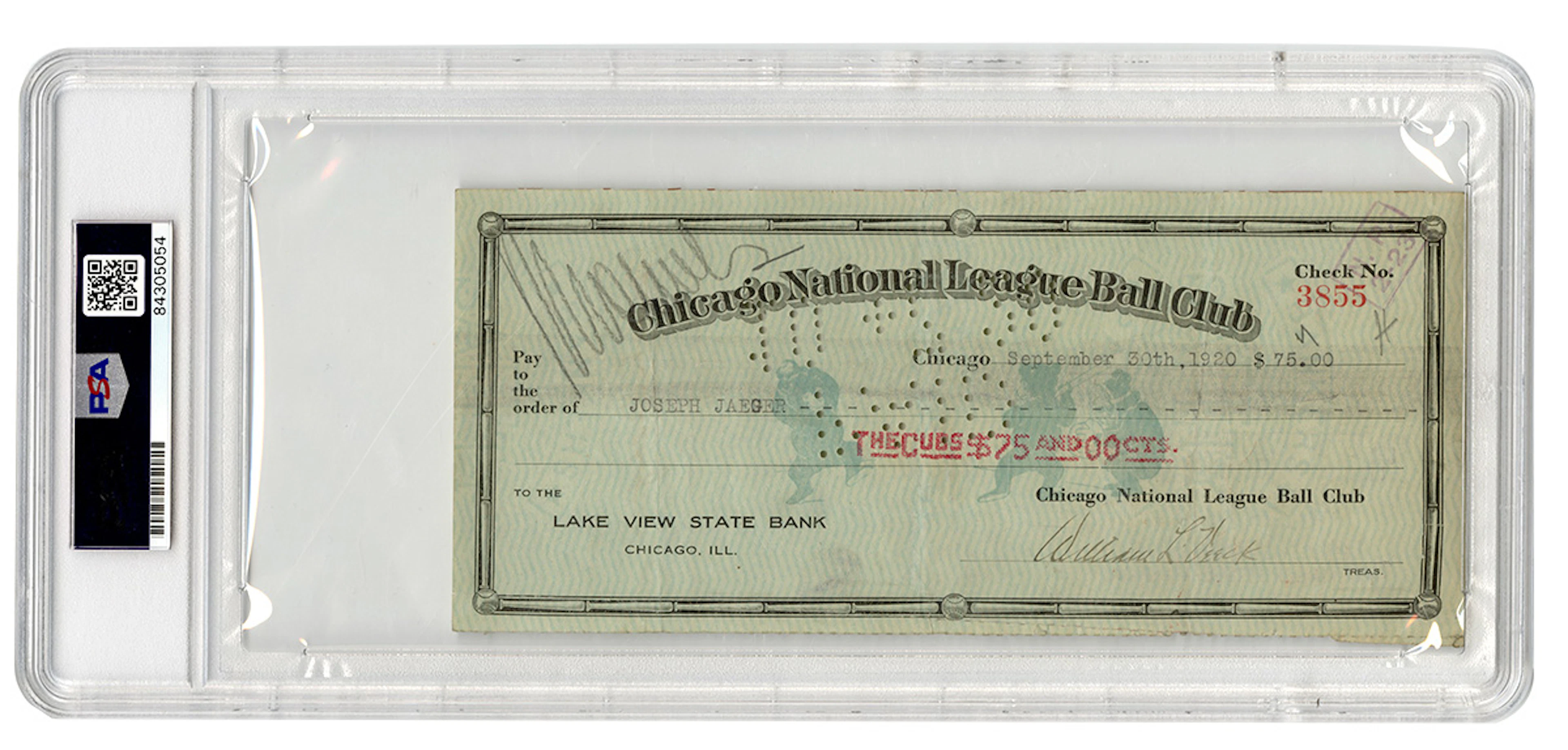 Grover Cleveland Alexander Signed 1919 Payroll Check Chicago Cubs PSA 8