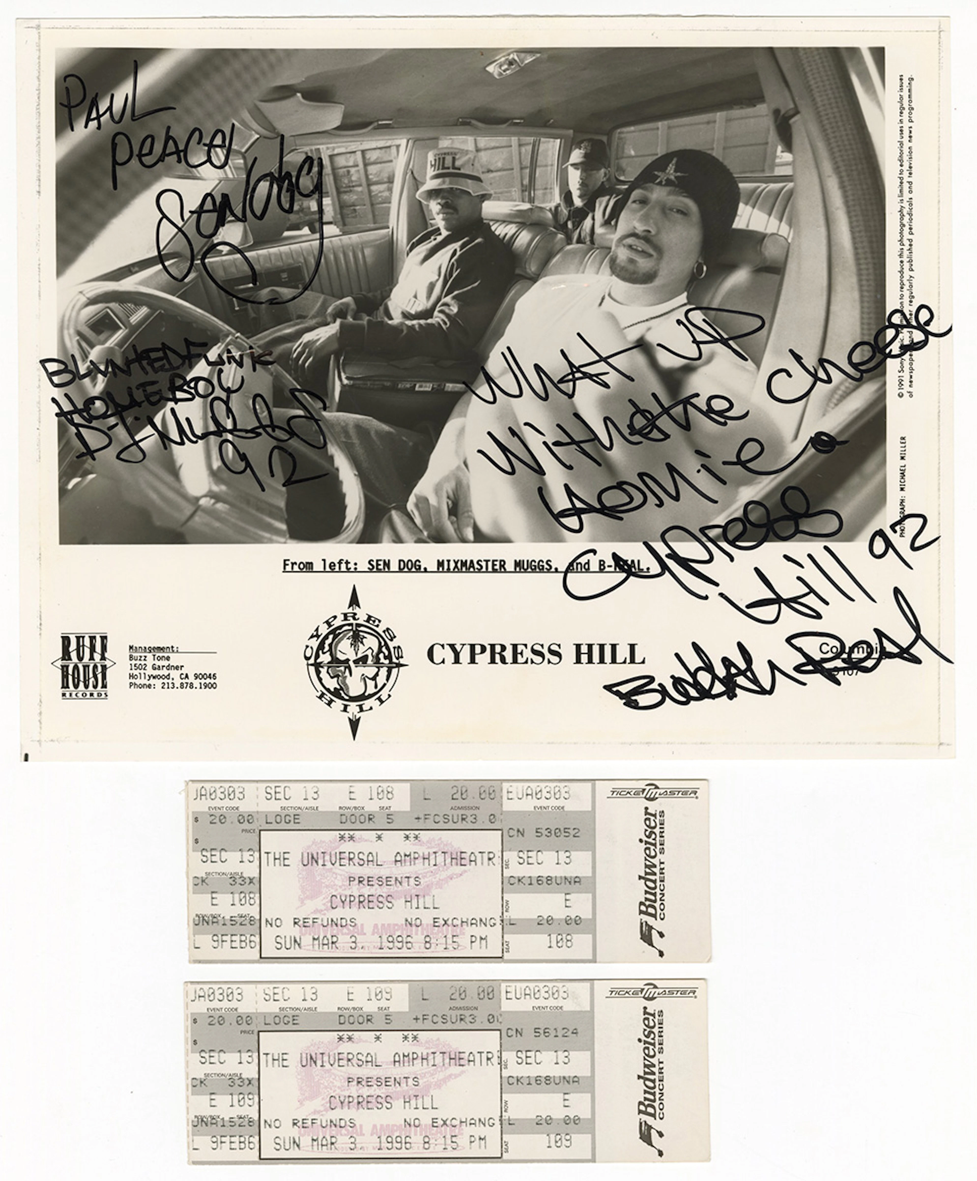 Cypress Hill Signed Photograph and Concert Tickets