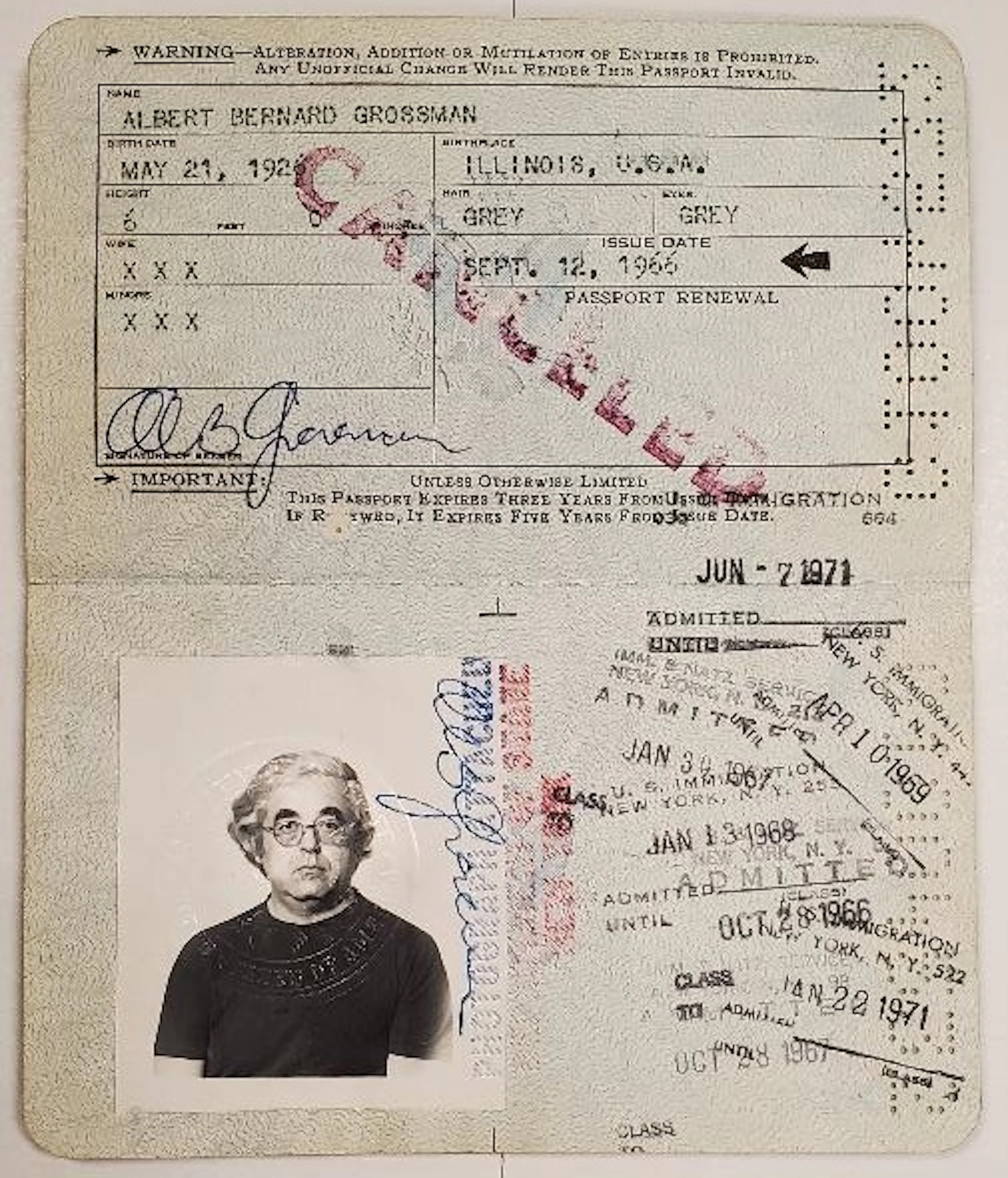 Albert Grossman Signed Original Passport
