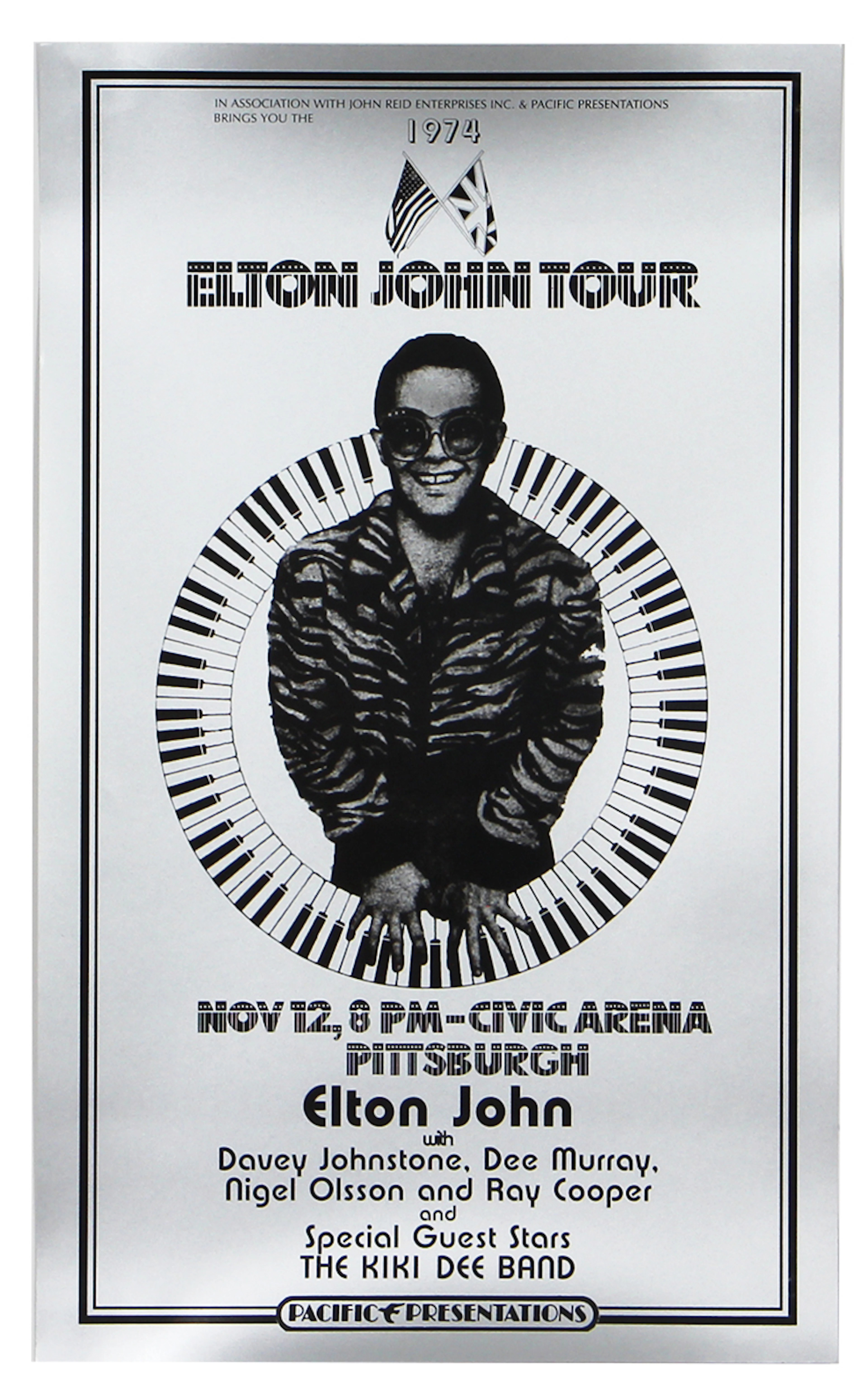 Elton John 1974 Pittsburgh, PA Metallic Silver Concert Poster