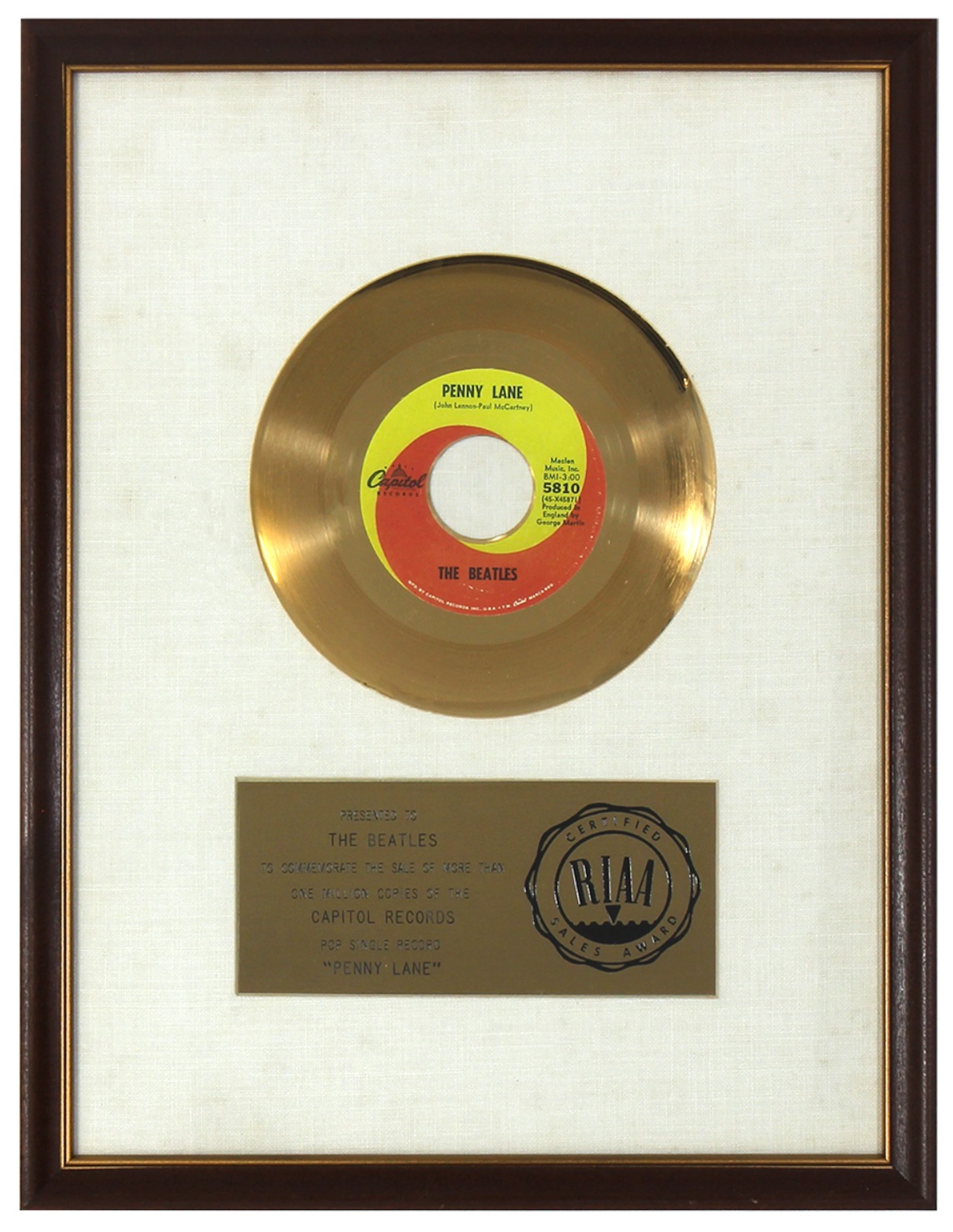 The Beatles “Penny Lane” Original RIAA White Matte Gold...