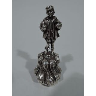 Antique Silver Belle with Figural Fowl-Bearing Countryman Handle