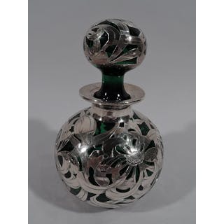 Large Antique American Art Nouveau Green Glass Silver Overlay Perfume