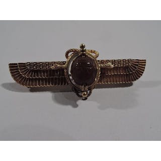 Antique Egyptian-Revival 18K Gold Winged Sun Brooch with Scarab