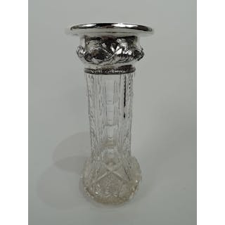 American Art Nouveau Sterling Silver & Brilliant-Cut Glass Vase