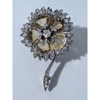 Antique Citrine And Diamond Flower Shaped Brooch 1880