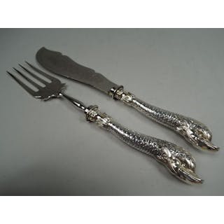 Antique German Silver Fish Serving Pair with Dolphin Handles