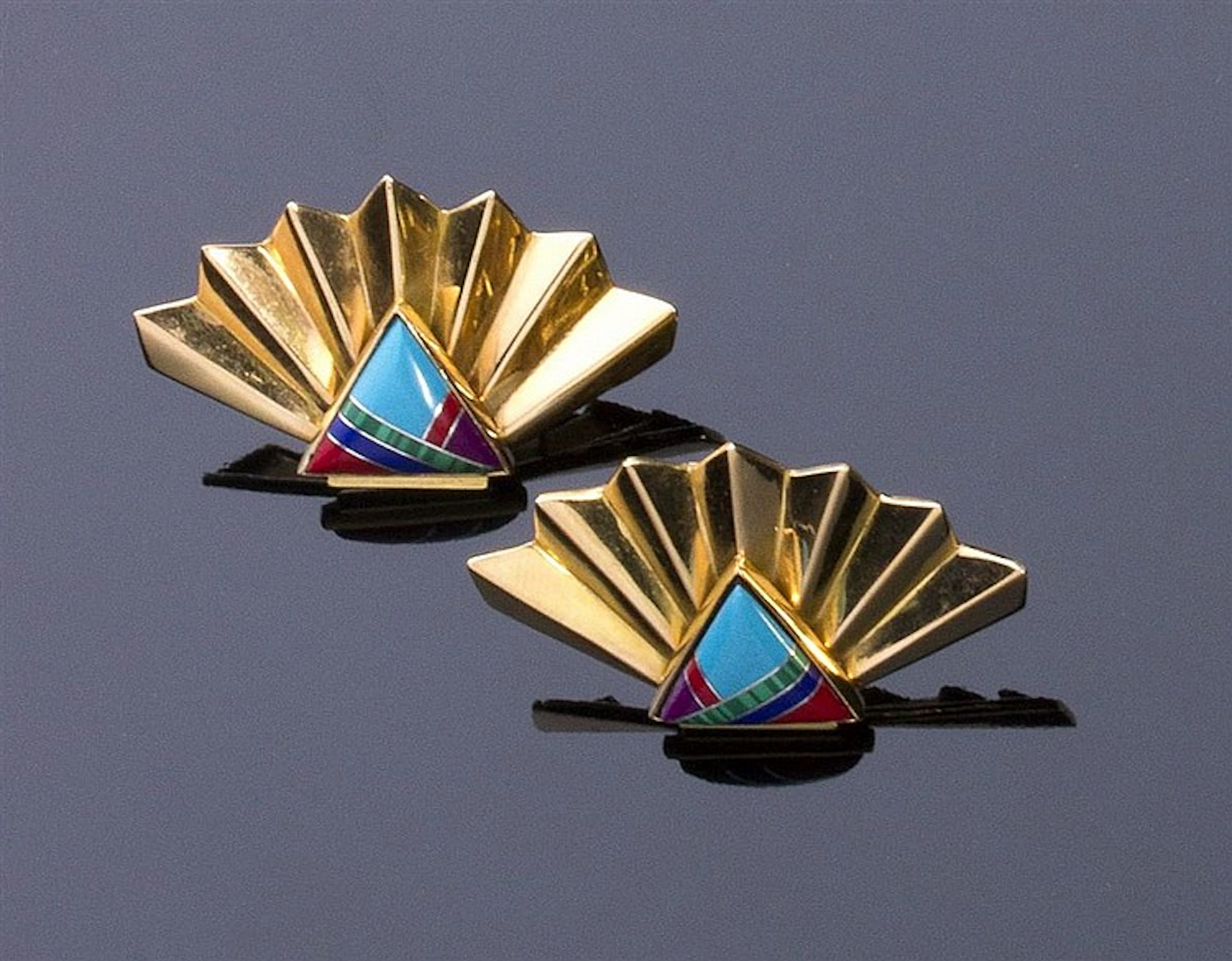 Vintage 18K Yellow Gold Earrings set with colored glass.
