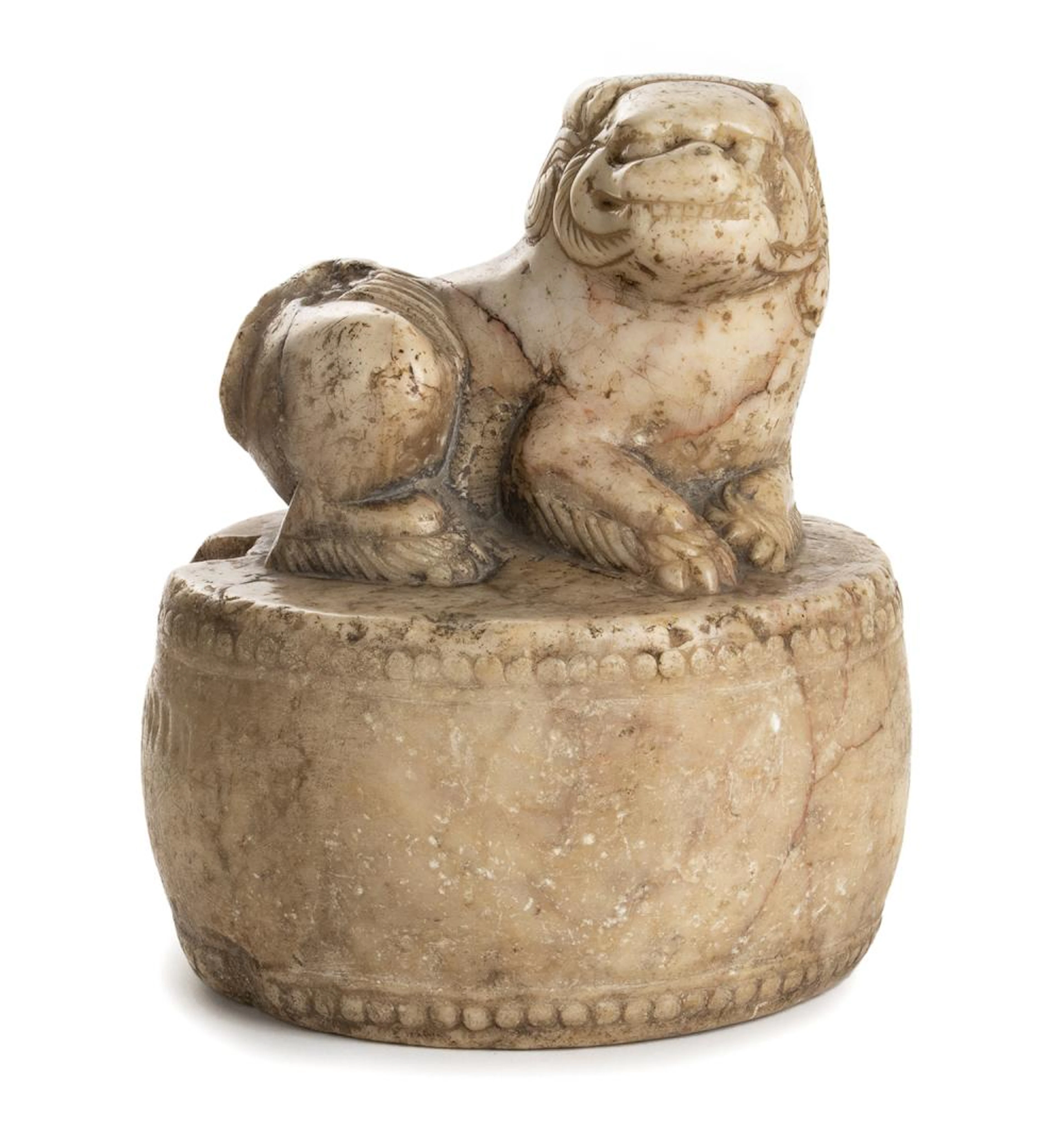 A MARBLE SCULPTURE OF A BUDDHIST LION ON A ROUND DRUM CHINA, EARLY MING DYNASTY