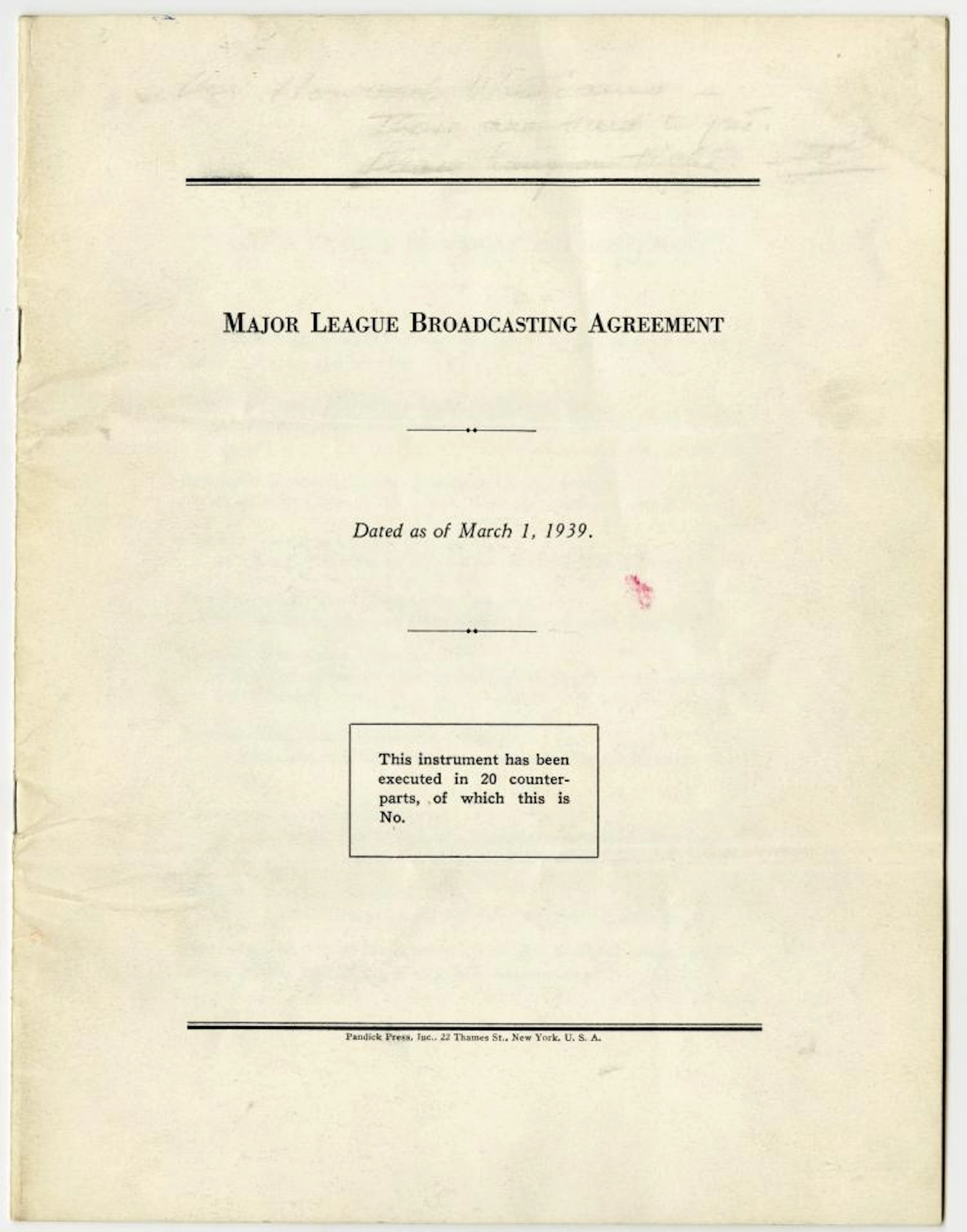 Historic 1939 MLB Radio Broadcasting Agreement Signed by...