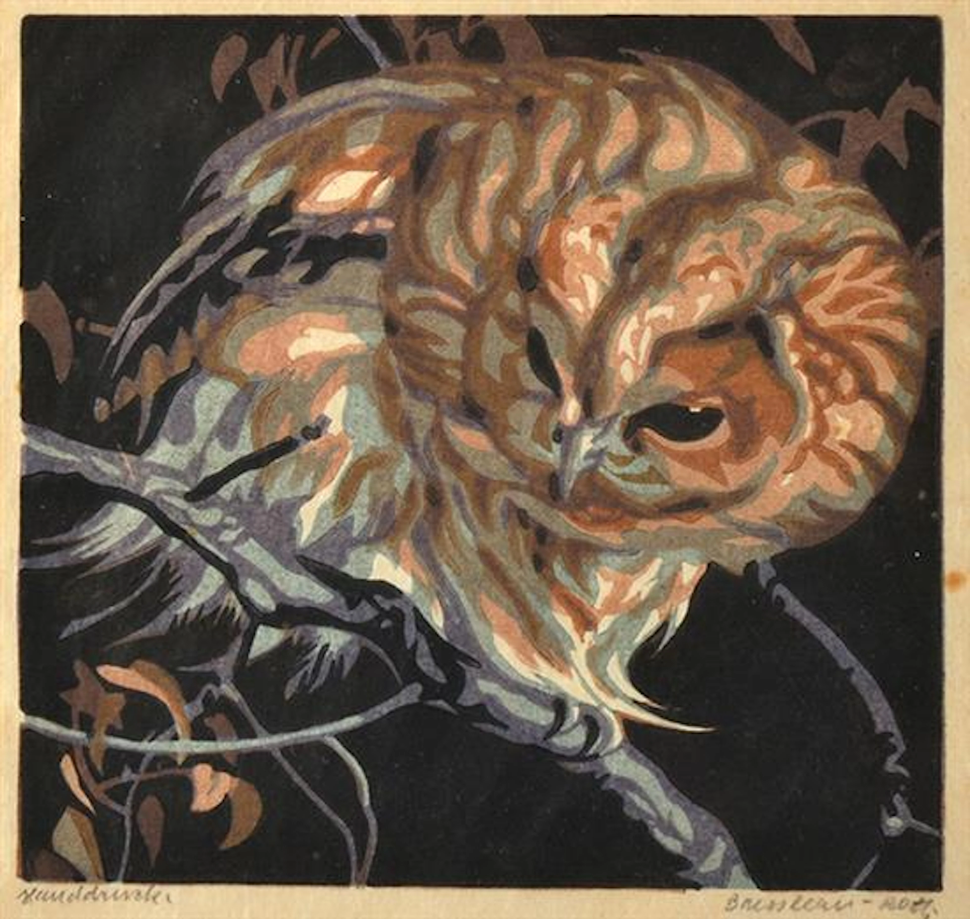 NORBERTINE VON BRESSLERN-ROTH (Austrian, 1891-1978) Young Owl linocut