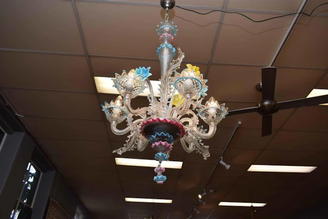 A 1950S SIX GLOBE VENETIAN MURANO GLASS FLOWER CHANDELIER