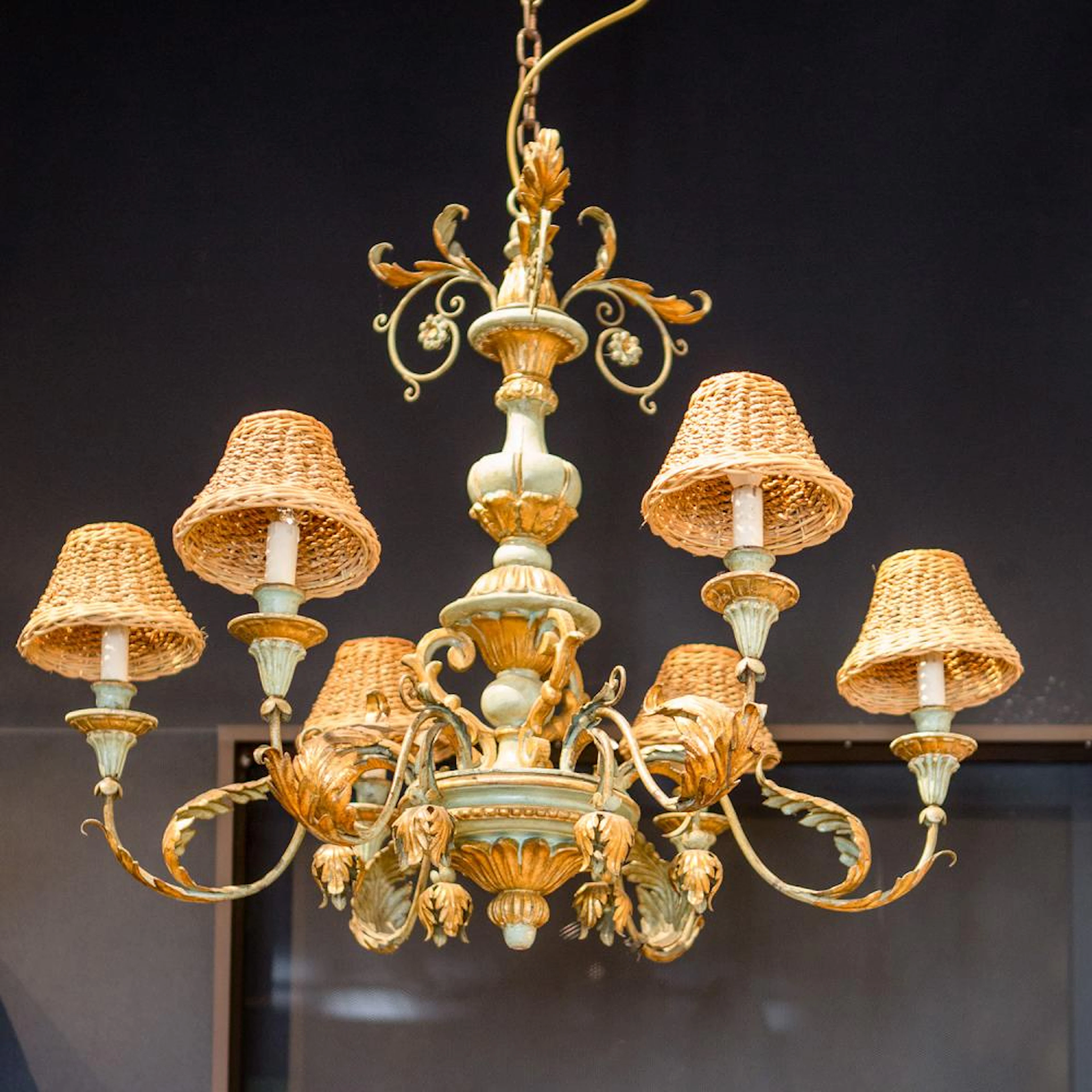A FRENCH CARVED POLYCHROME SIX BRANCH CHANDELIER, RATTAN SHADES 75CM DROP X 90CM