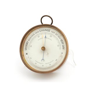 A 19TH-CENTURY FRENCH BRASS CASED ANDROID BAROMETER AND THERMOMETER DIA.12.5CM
