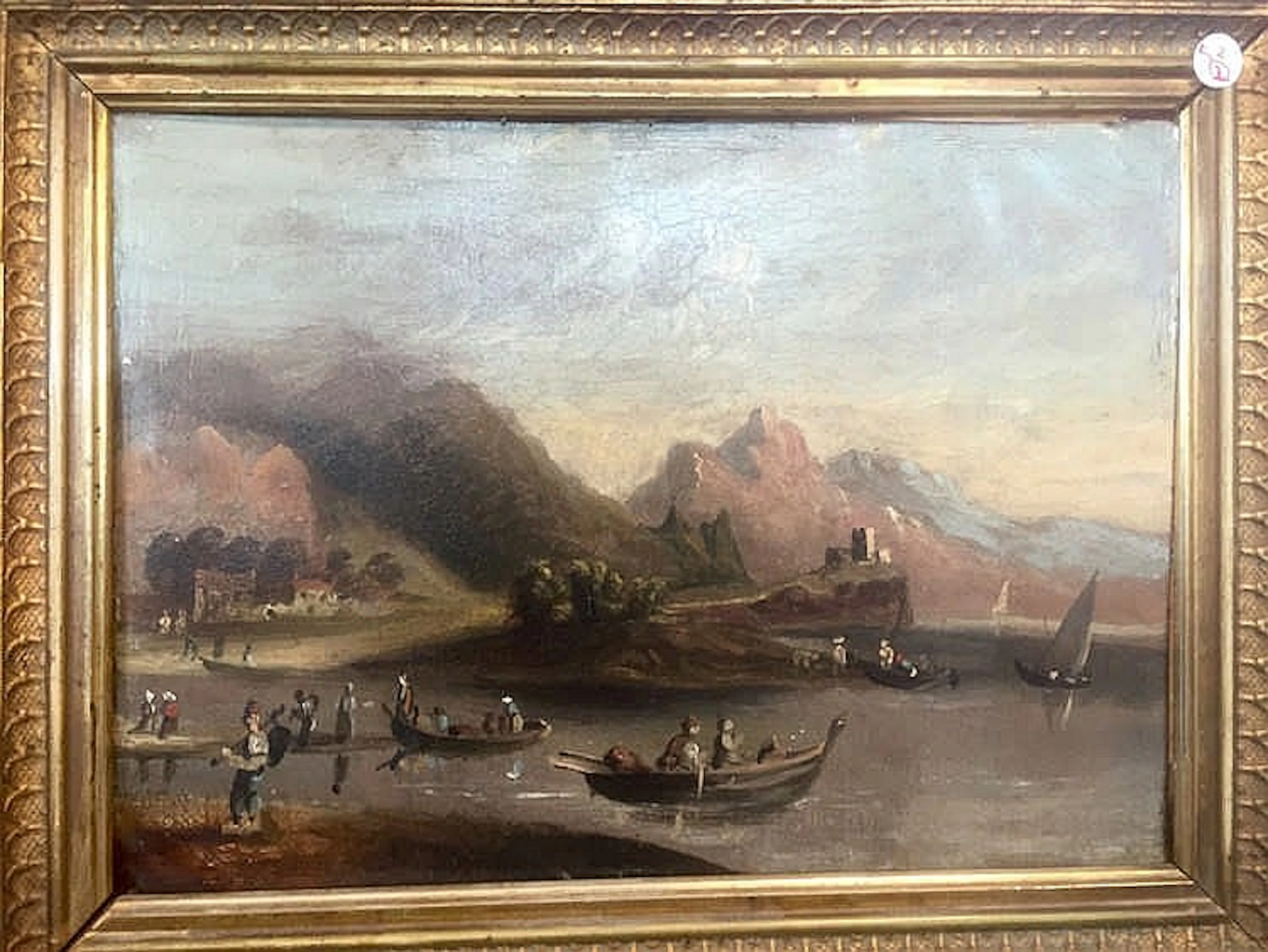 Flemish coastal scene with boats and figures off shore, oil on metal, 10”x7