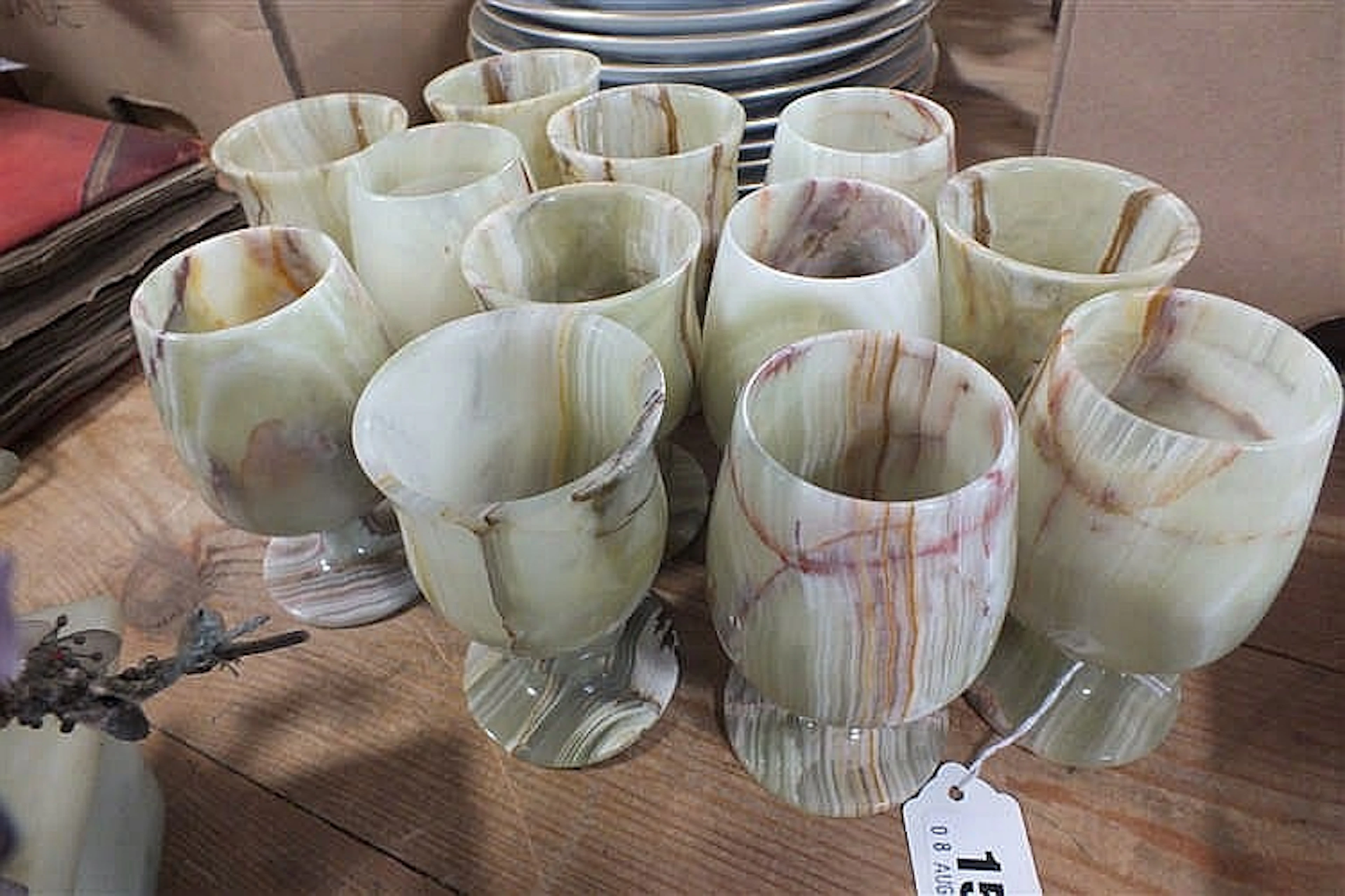 Two sets of six green onyx goblets (12)