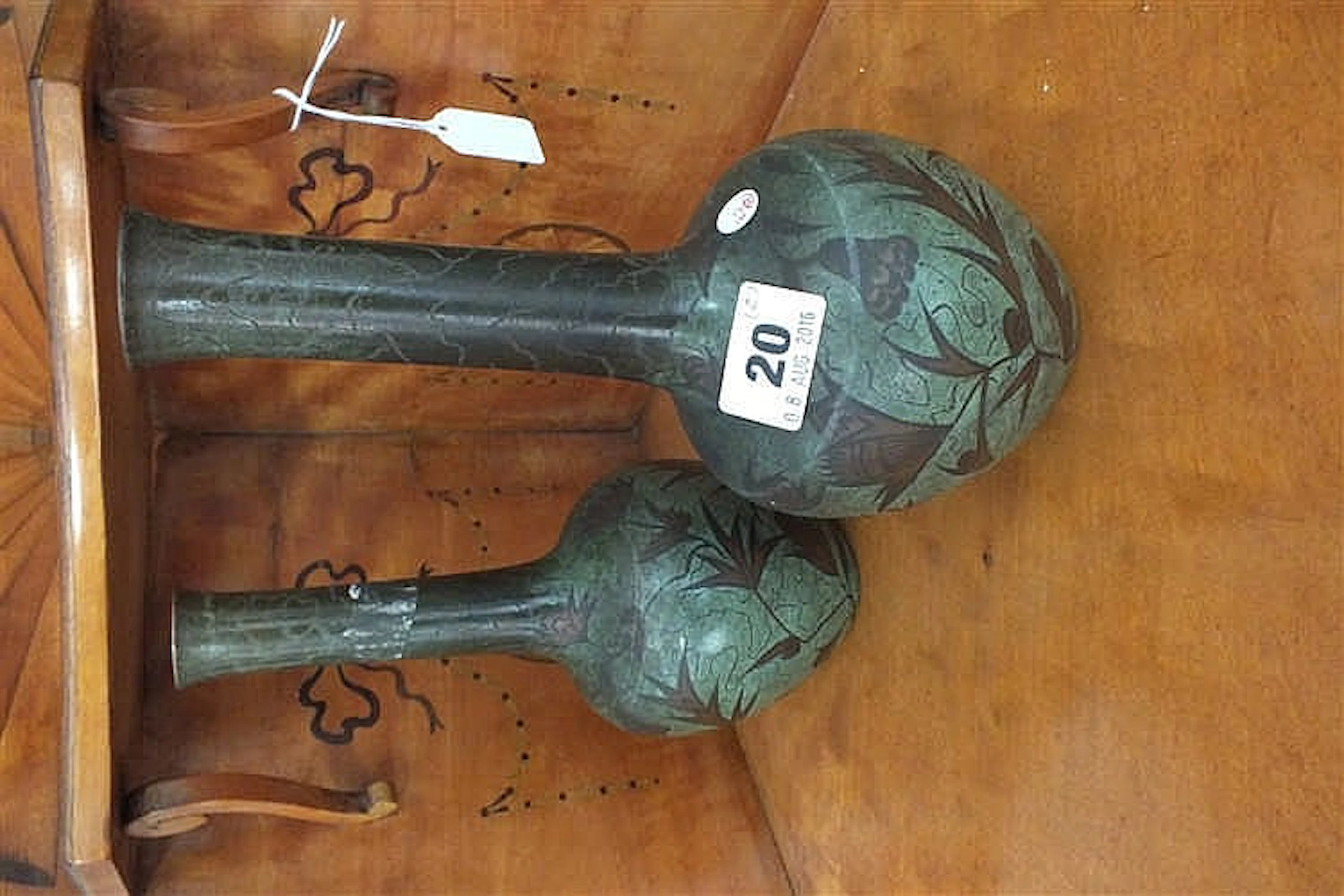 Pair of WMF bronze vases in green with motif of brown leaves