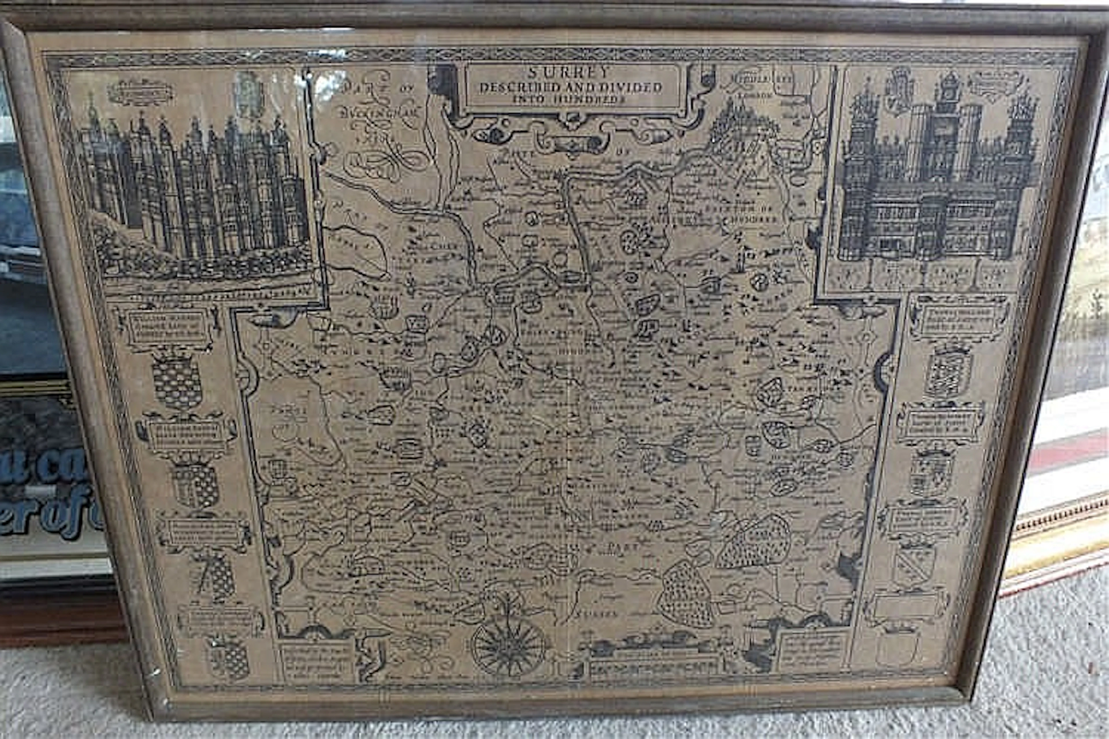 Framed map of Surrey-Described and divided into hundreds