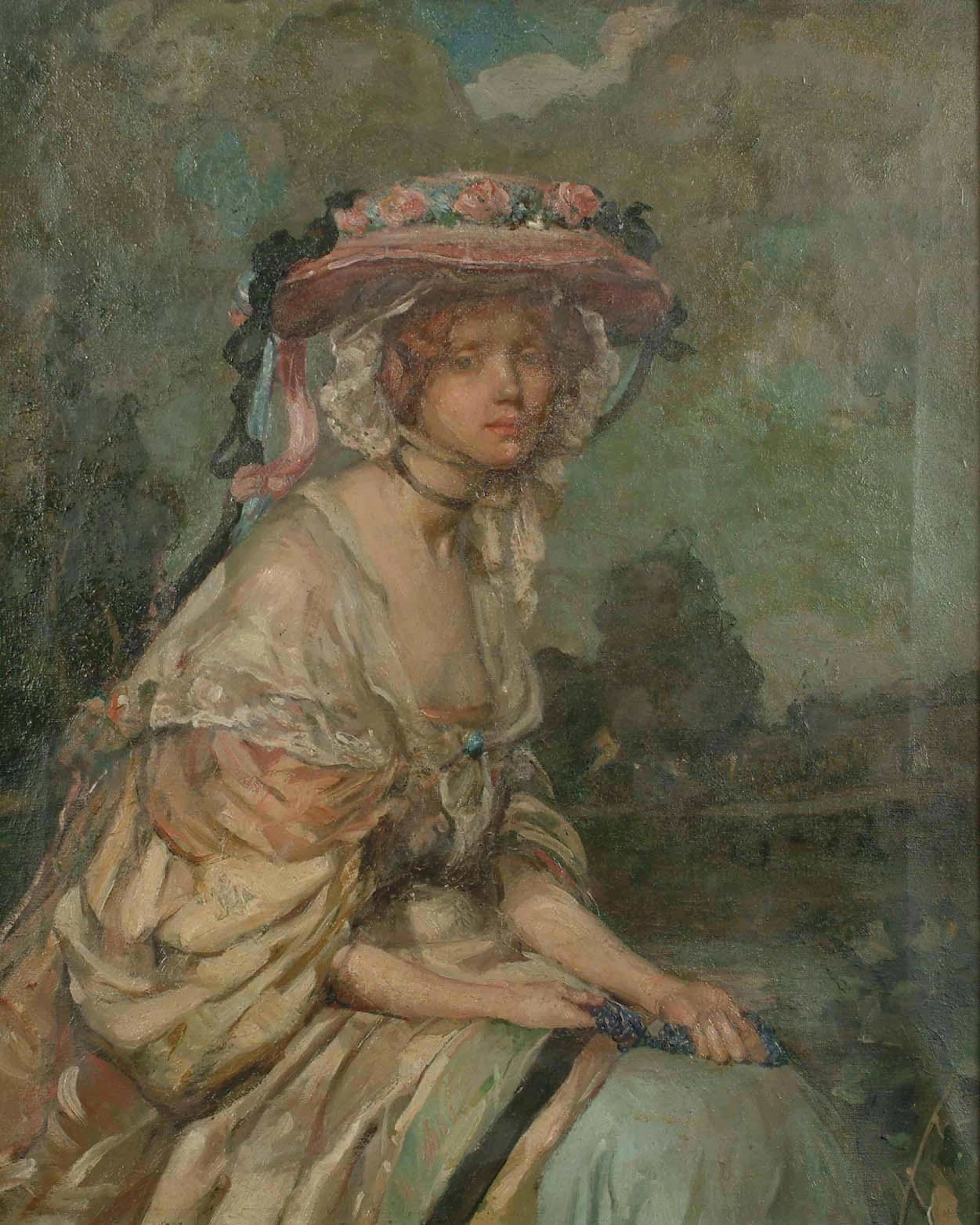 Portrait, half length, of a beautiful lady seated in a landscape,
