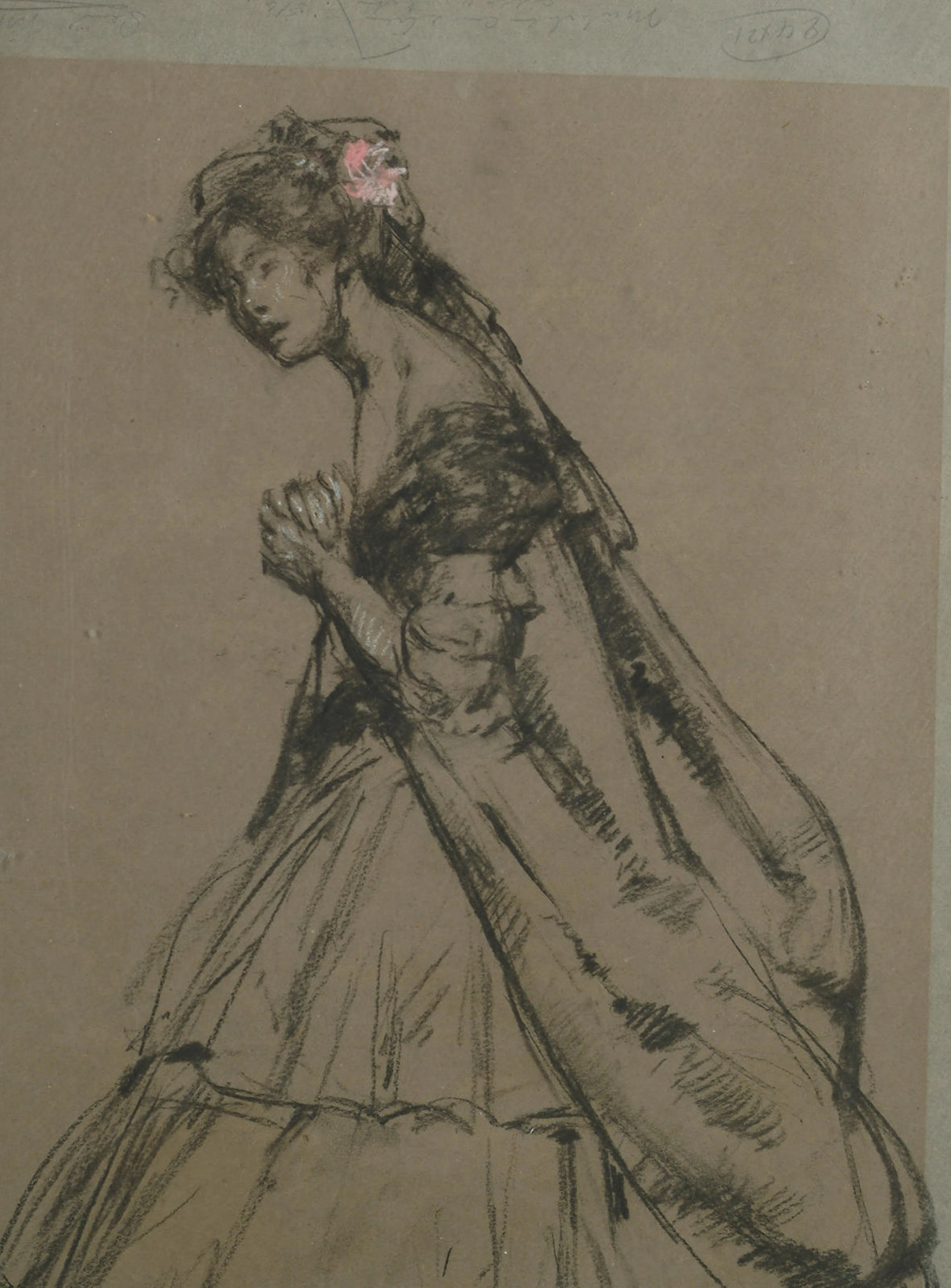 Portrait, three quarter length, of a beautiful lady in profile,