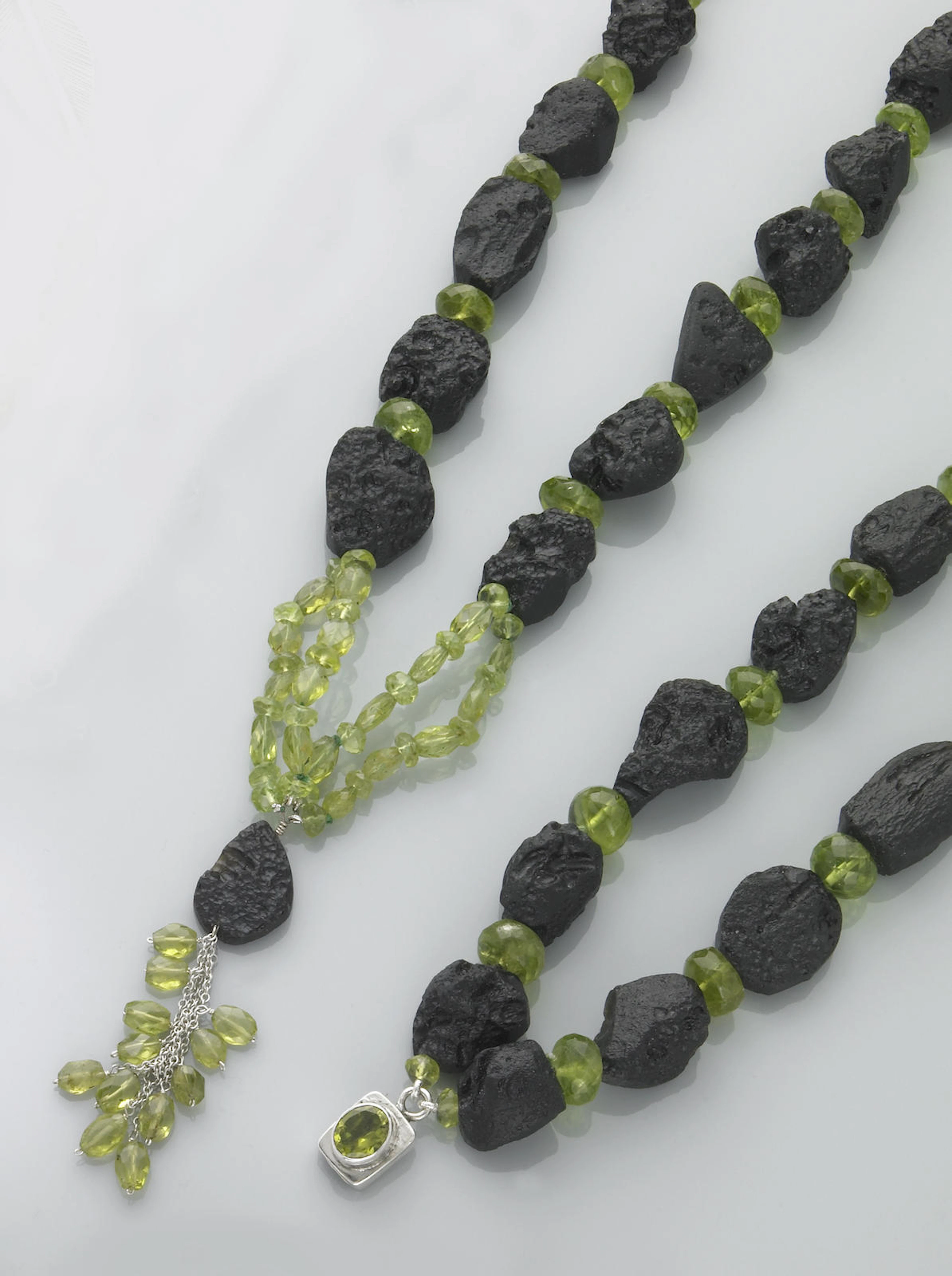 Moldavite and Peridot Necklace and Bracelet Suite