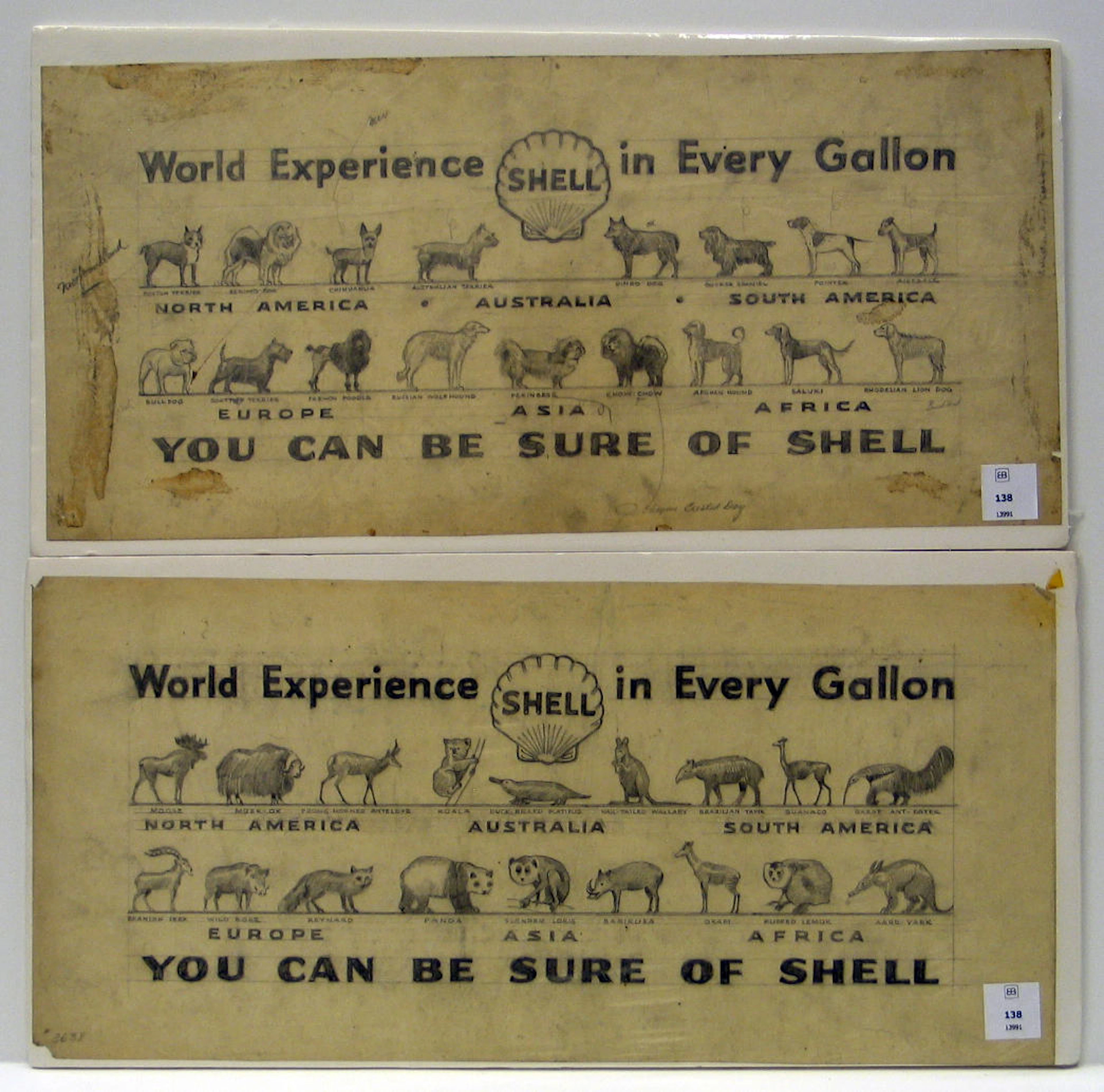 Pair of original preliminary Shell advertising designs, 8½ x 18½in