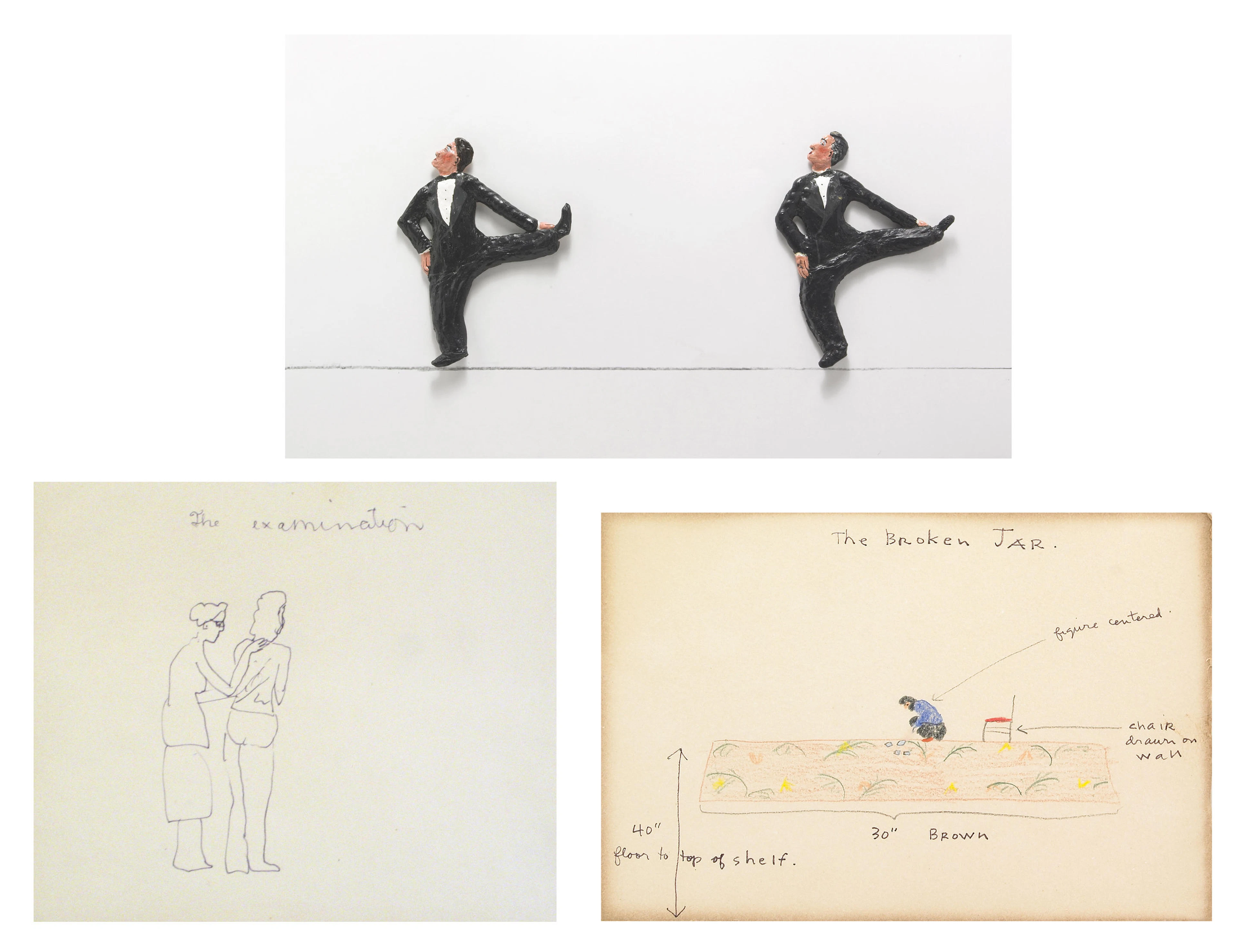 Nicholas Africano (American b.1948) Le Dance The Broken Jar, 1977 Schematic Drawing for The Examination, 1978 (3) 7 x 7in (each figure) 6 x 8in (framed) 6 1/2 x 8in (unframed)