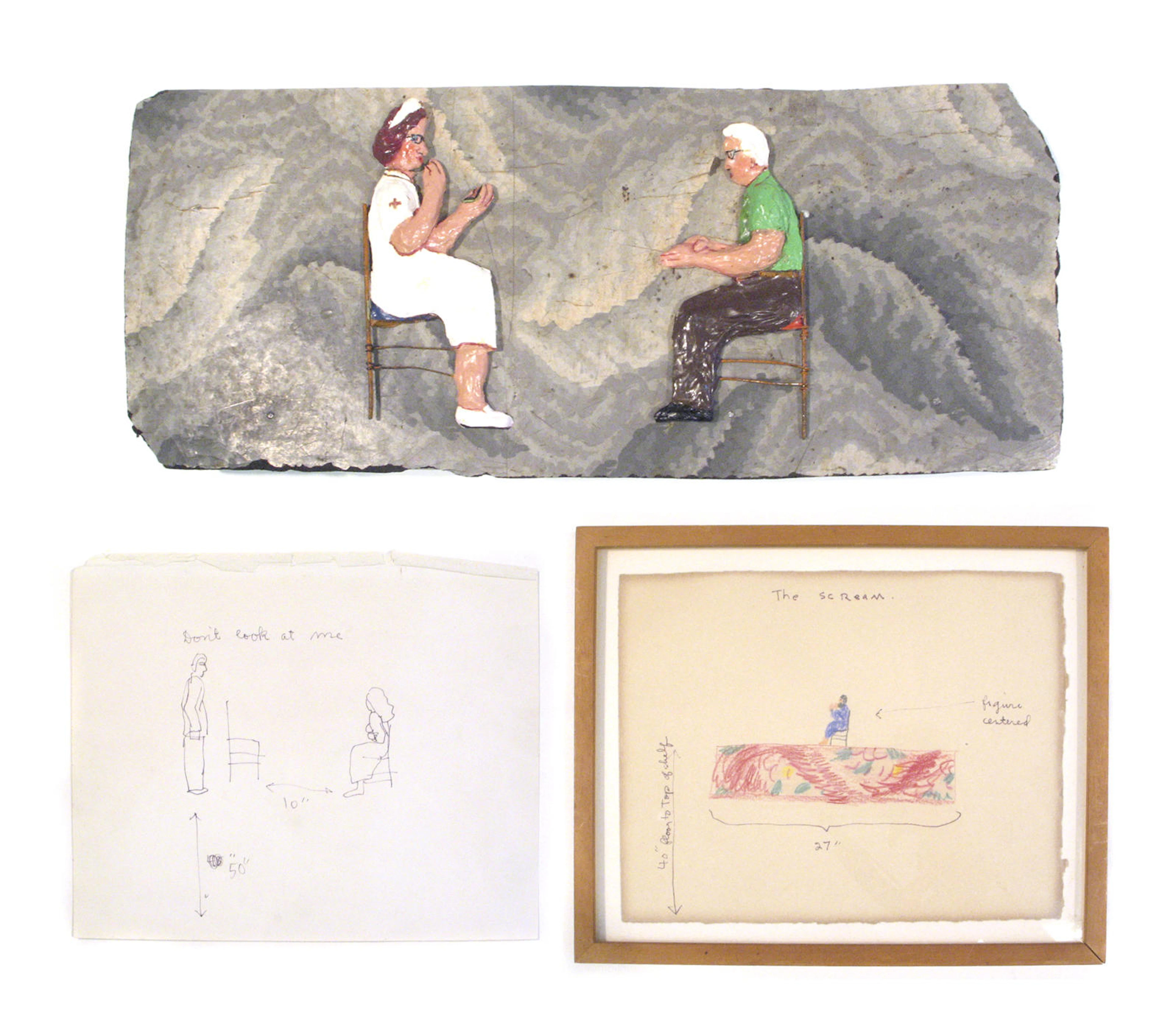 Nicholas Africano (American b.1948) The Nurse, 1977 The Scream, 1977 Schematic Drawing for "Don't Look at Me", 1977 (3) 6 x 7 x 17in 6 x 8in (framed) 6 x 8in (unframed)