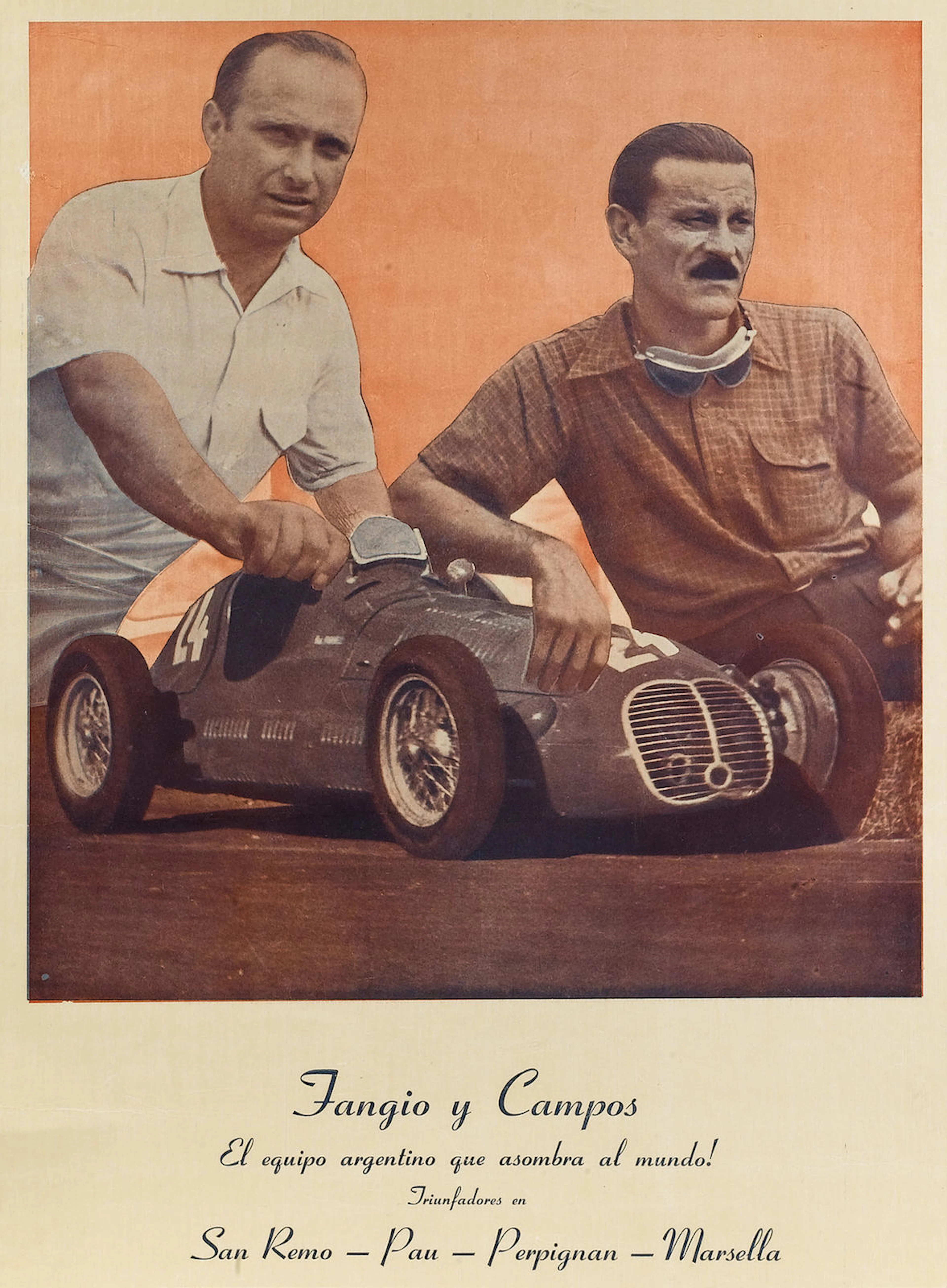 A poster advertising the successes of the 'Equipo Argentino' team of Fangio and Campos, 42 x 30cm