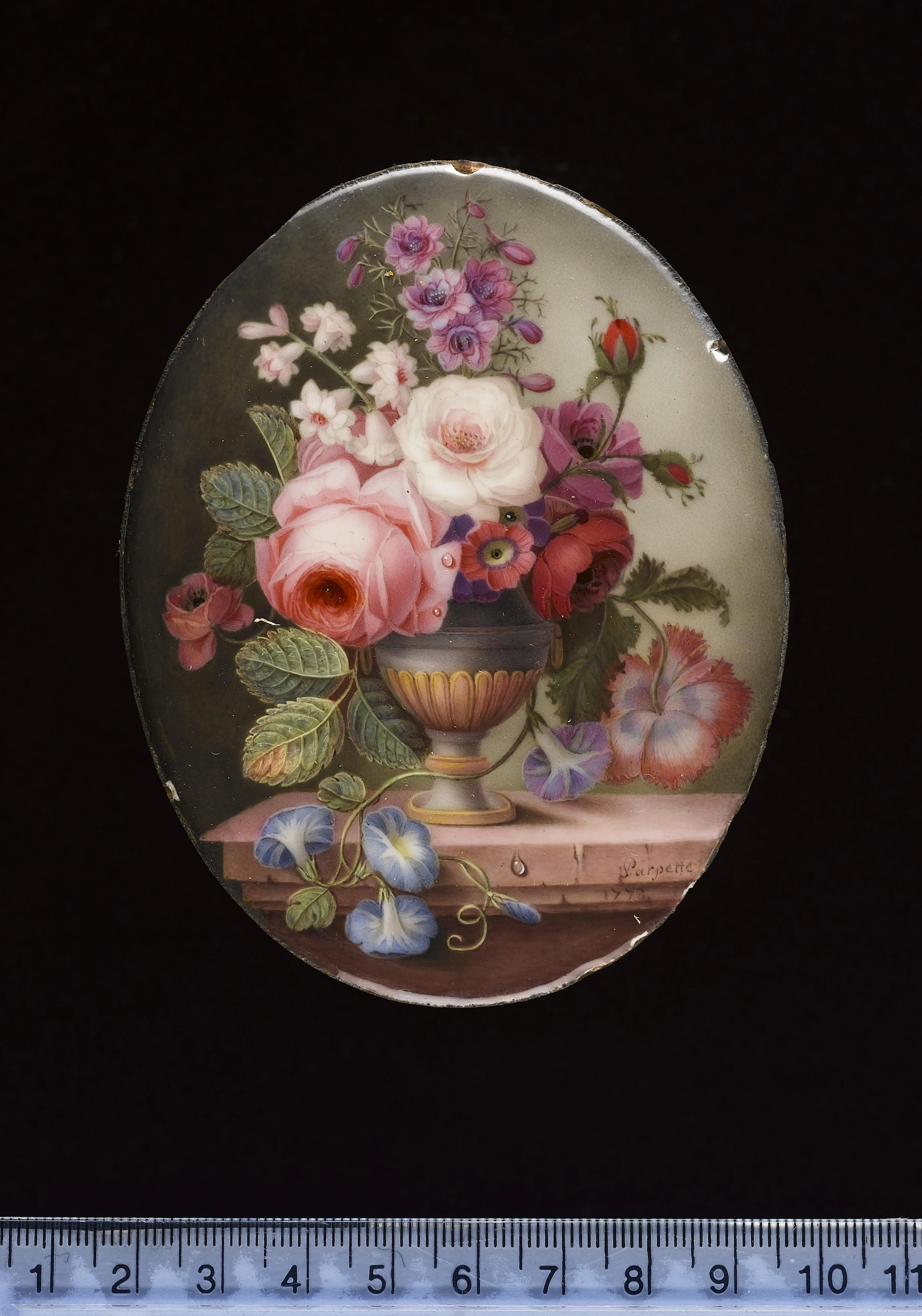 Philippe Parpette, A pair of still lifes of flowers in urns standing on a ledge; one, with green urn including pink roses, convolvulus, poppies and auriculae; the other with blue urn decorated with go