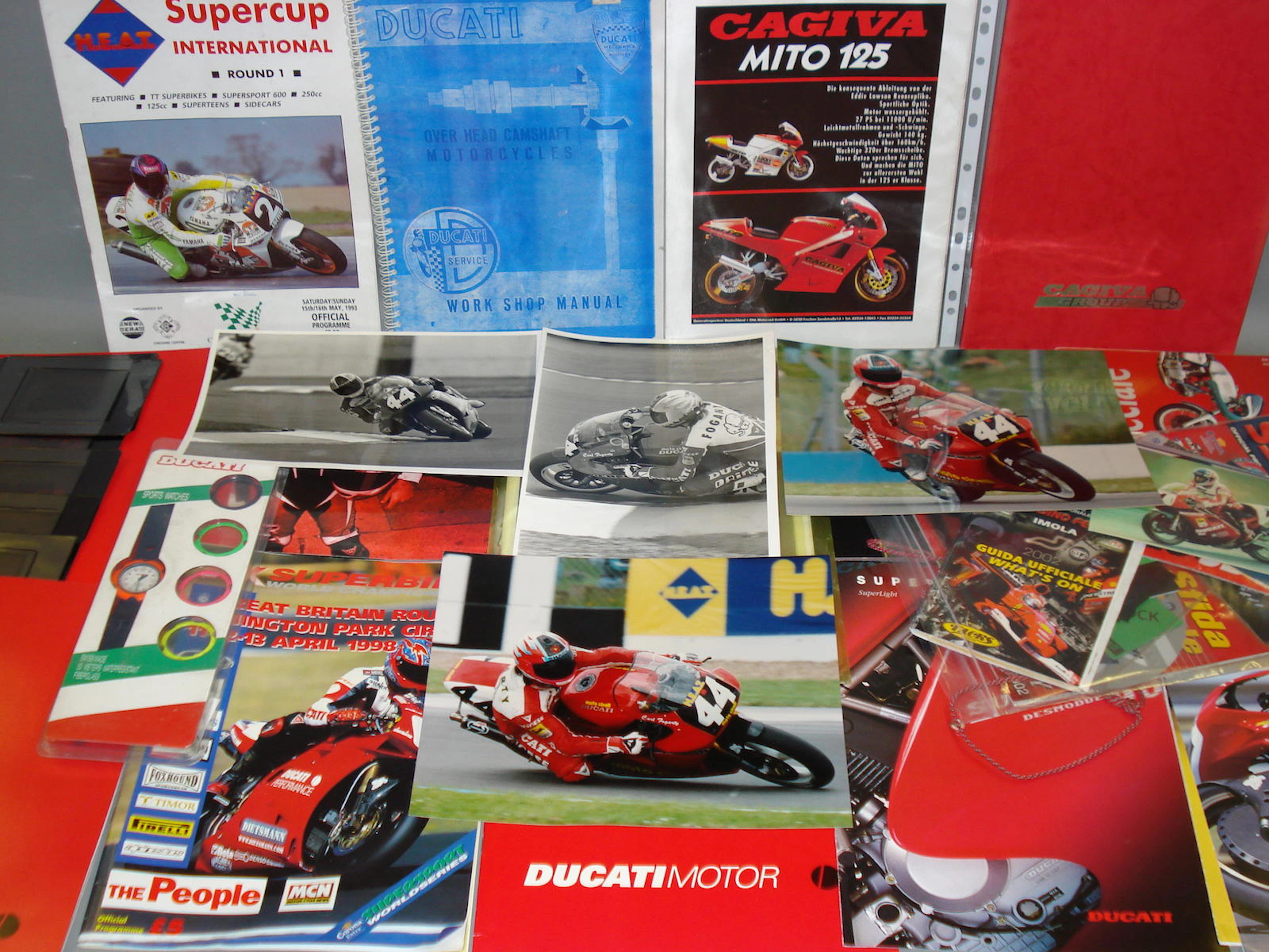 Four photographs of Carl Fogarty on the Moto Cinelli Ducati,