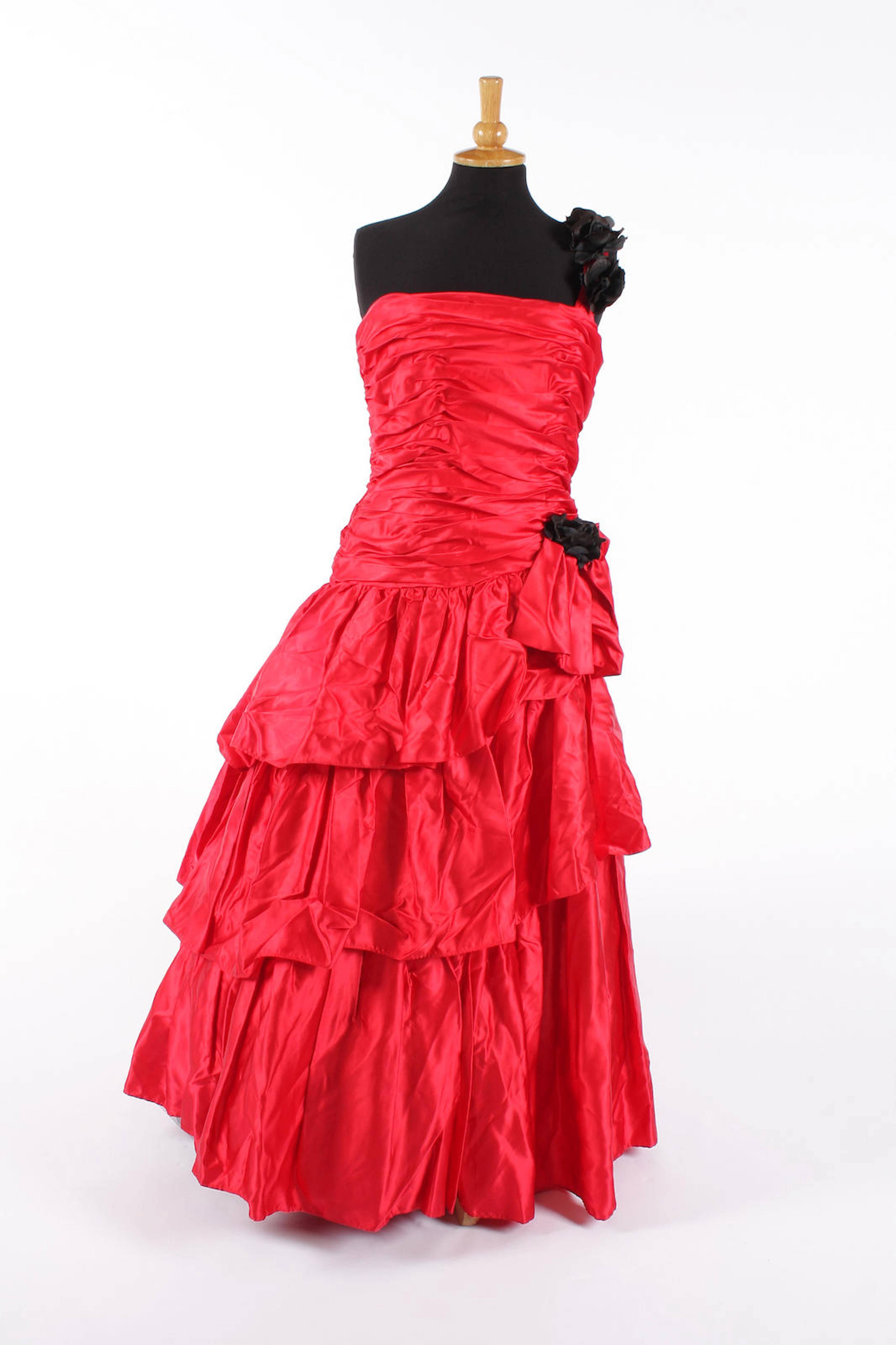 A John Charles red satin layered evening dress with black roses