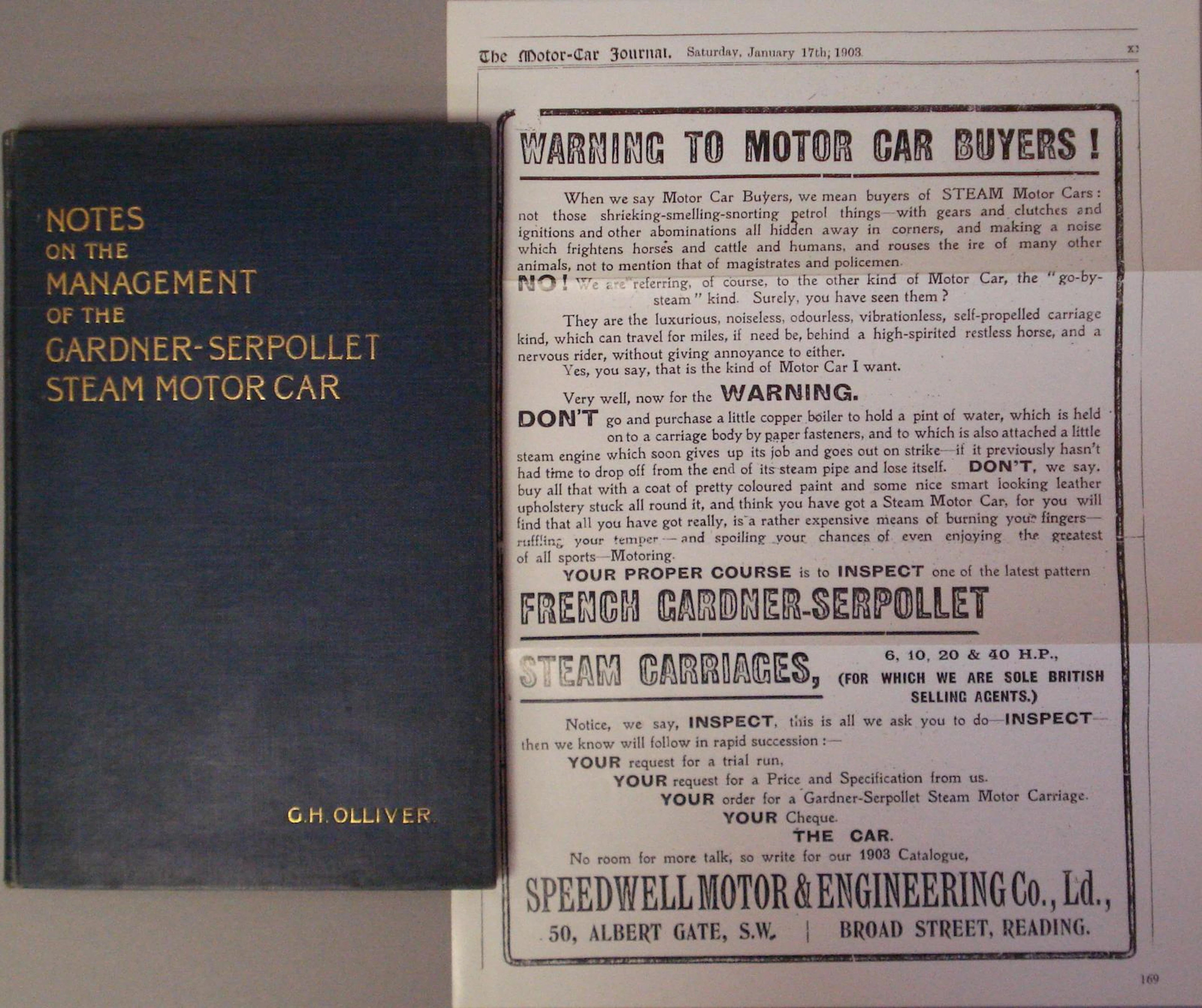 Gardner-Serpollet, Notes on the Management of the Gardner-Serpollet Steam Motor Car, by G H Olliver, second edition, dated January 1903,