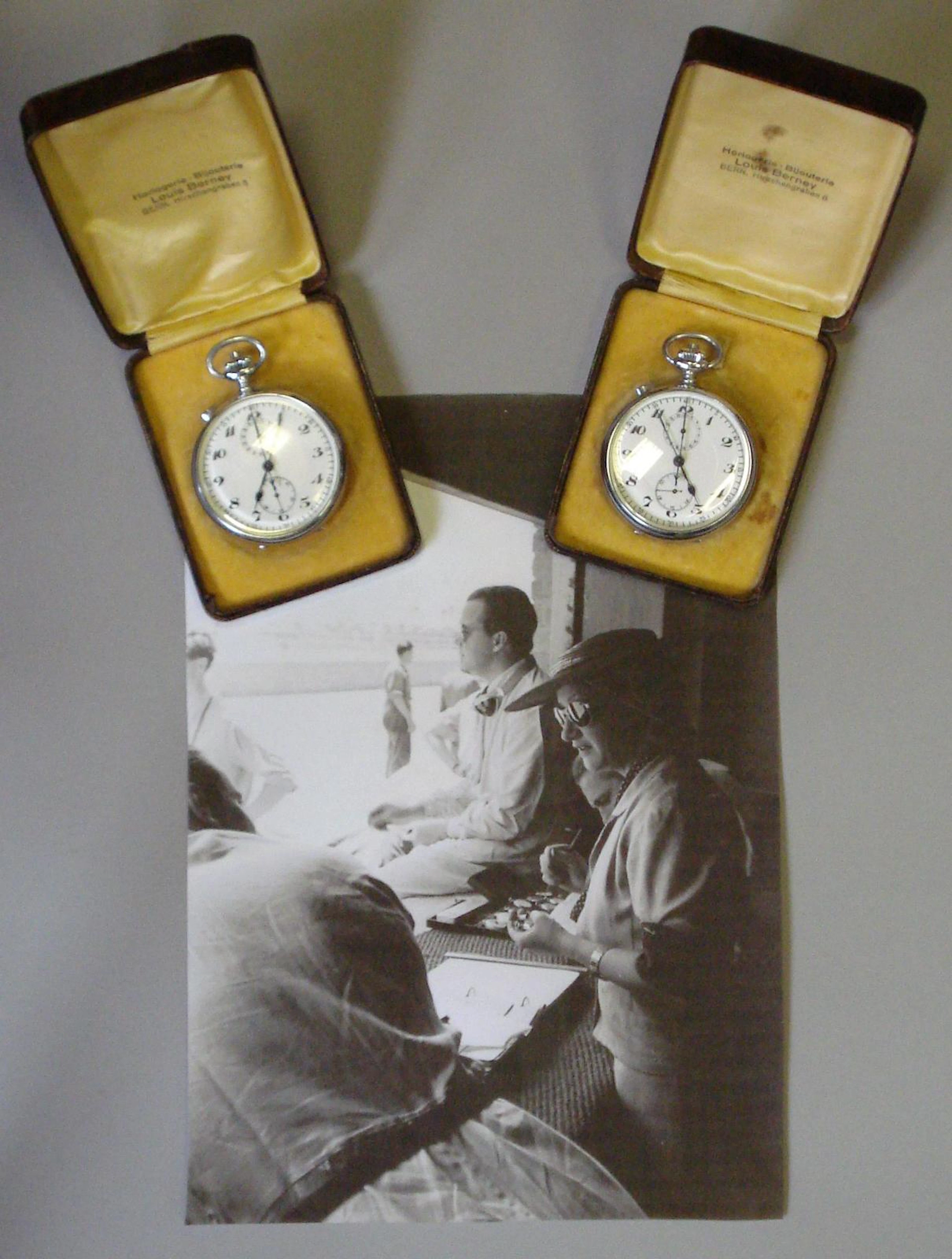 A pair of Louis Berney timekeeper's chronographic stopwatches, presented to Alice Caracciola by Enzo Ferrari,