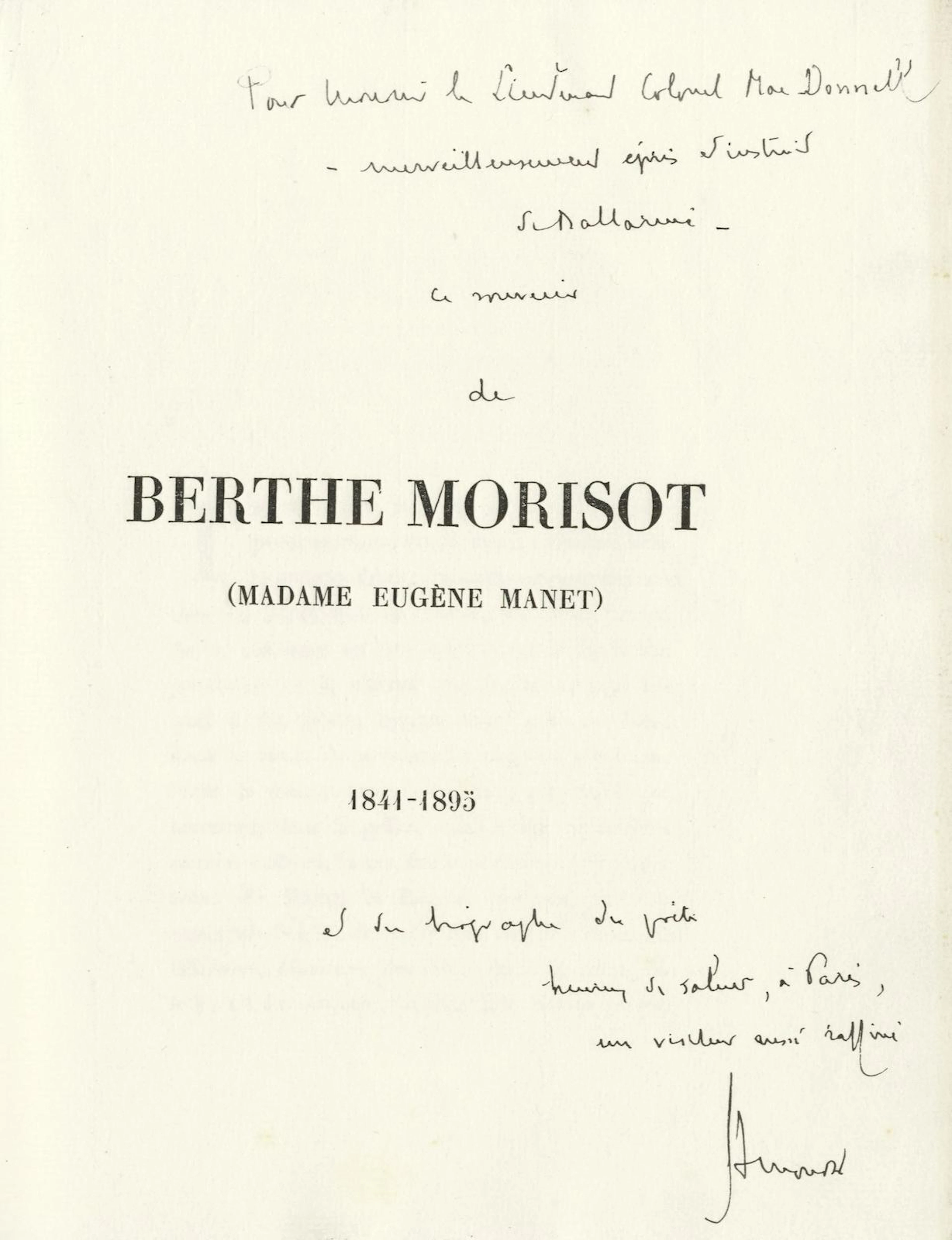 MALLARME (STEPHANE) [Exhibition Catalogue] Berthe Morisot (Madame Eugène Manet) 1841-1895, PRESENTATION COPY FROM STEPHANE MALLARME