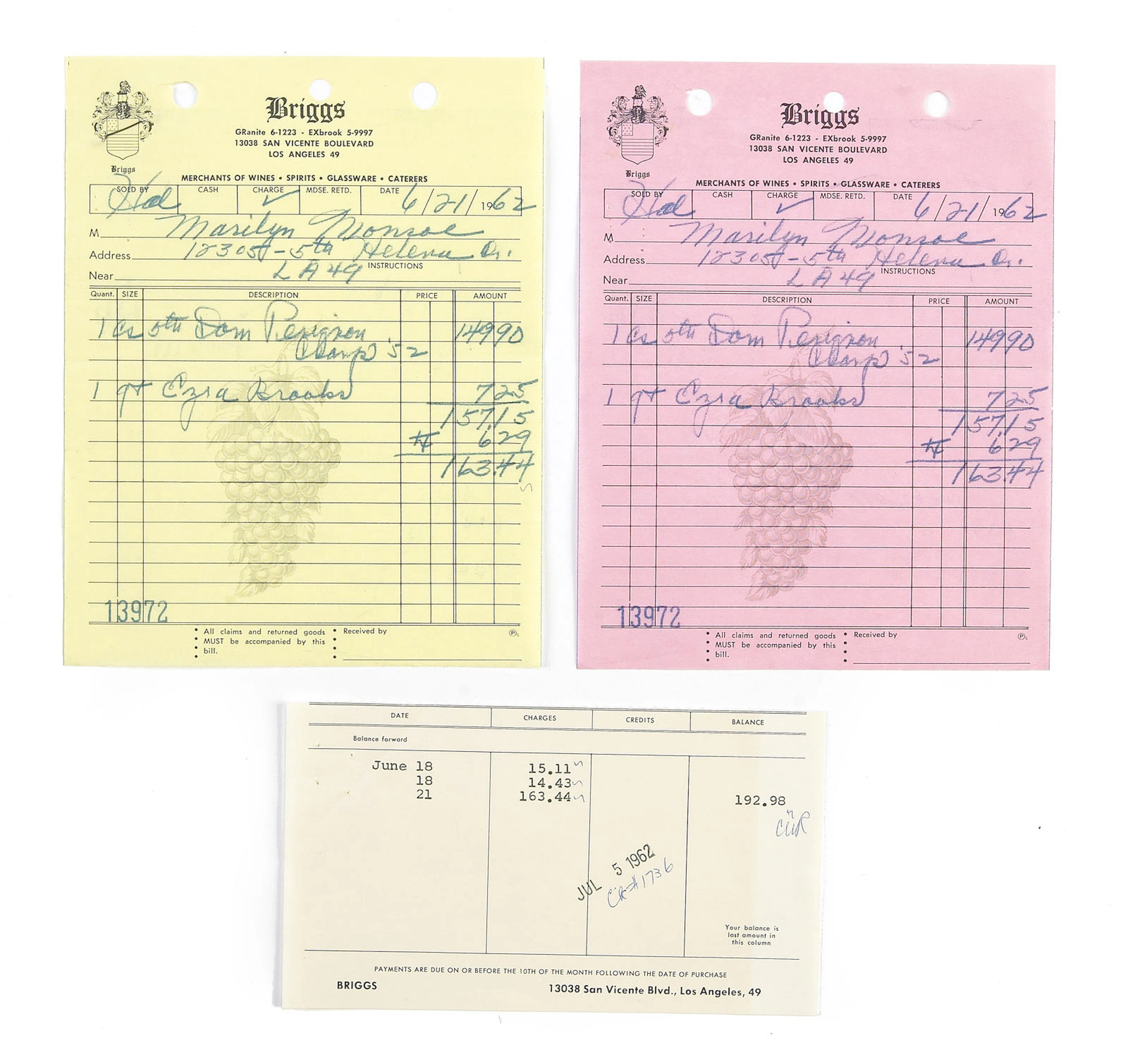 A Marilyn Monroe receipt for Dom Perignon champagne, 1962