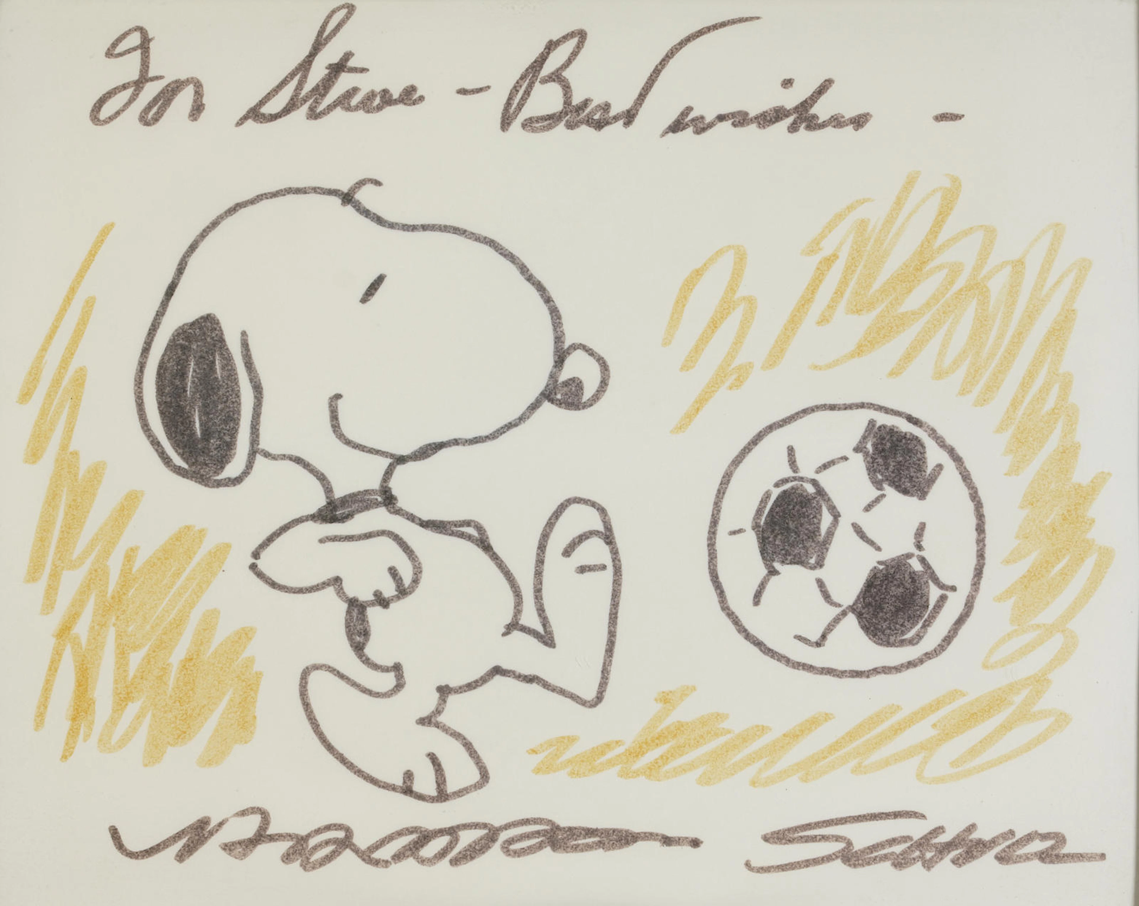 A Charles Schulz drawing of Snoopy playing soccer