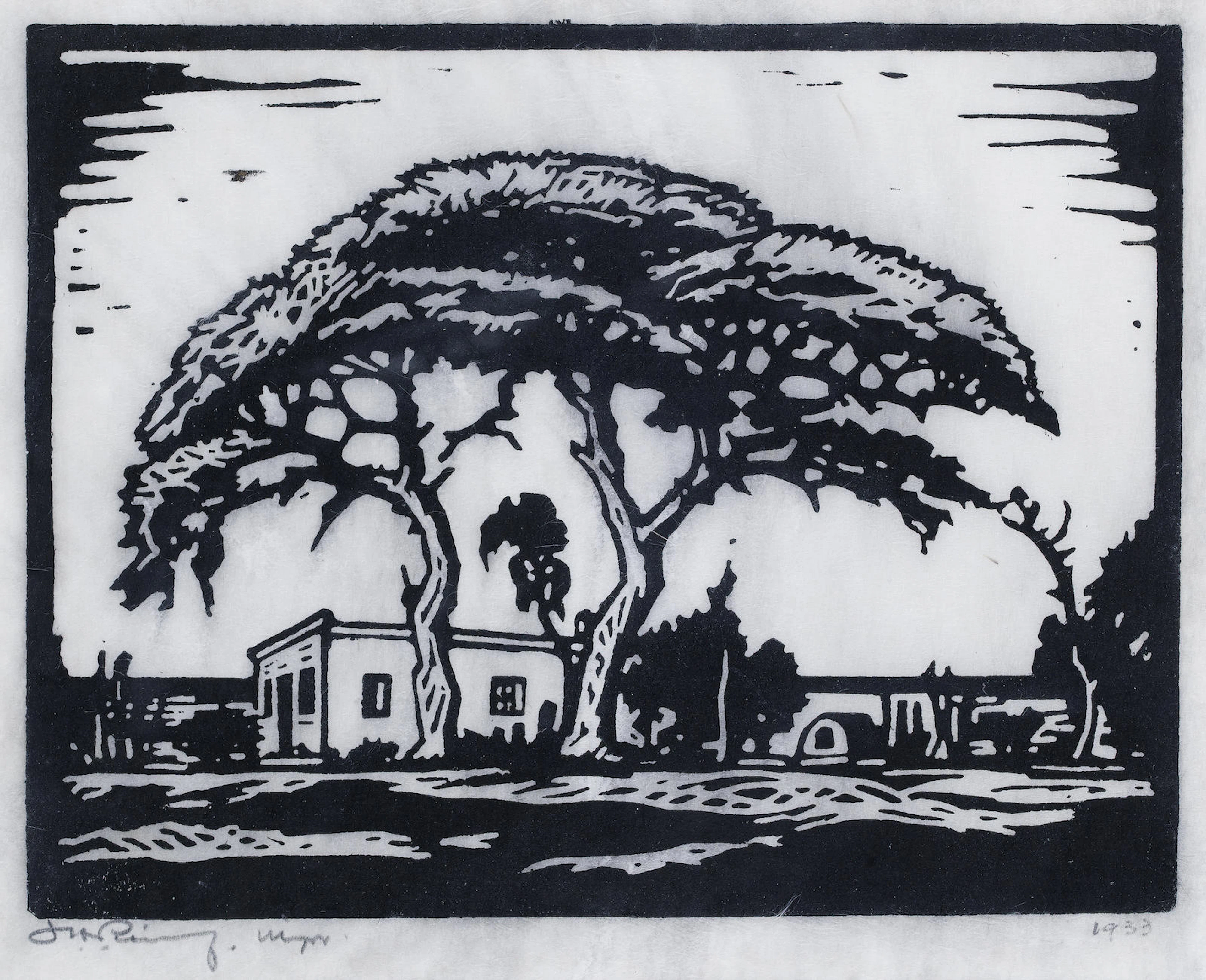 A set of three woodblock prints: 'Voortrekkershuis, Naboomspruit' (landscape of a tree with houses beyond); A Cape Dutch house; and A study of a tree with mountains in the distance
