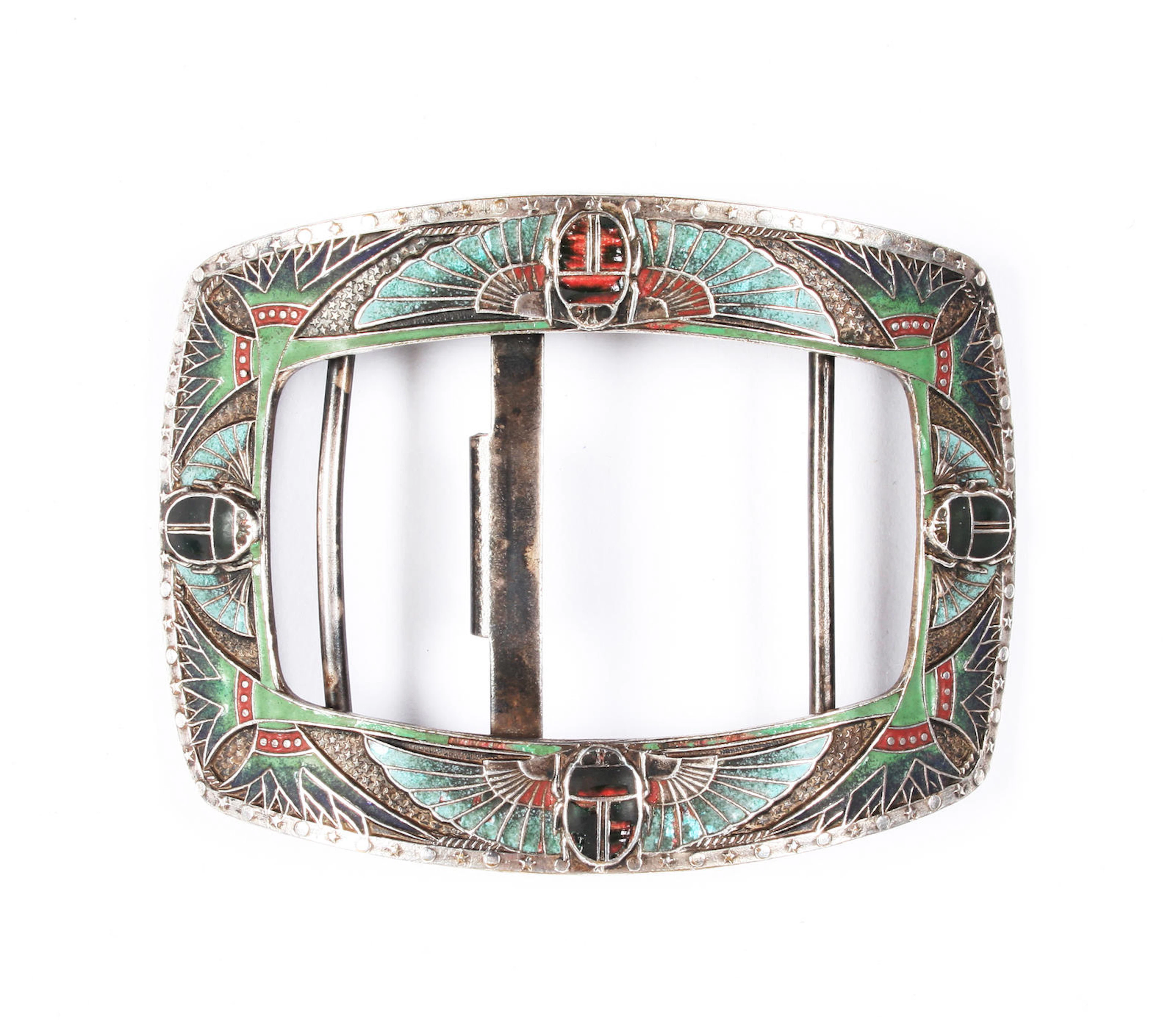An early 20th century Egyptian revival enamel belt buckle Stamped 'M.R' in a rectangular punch,
