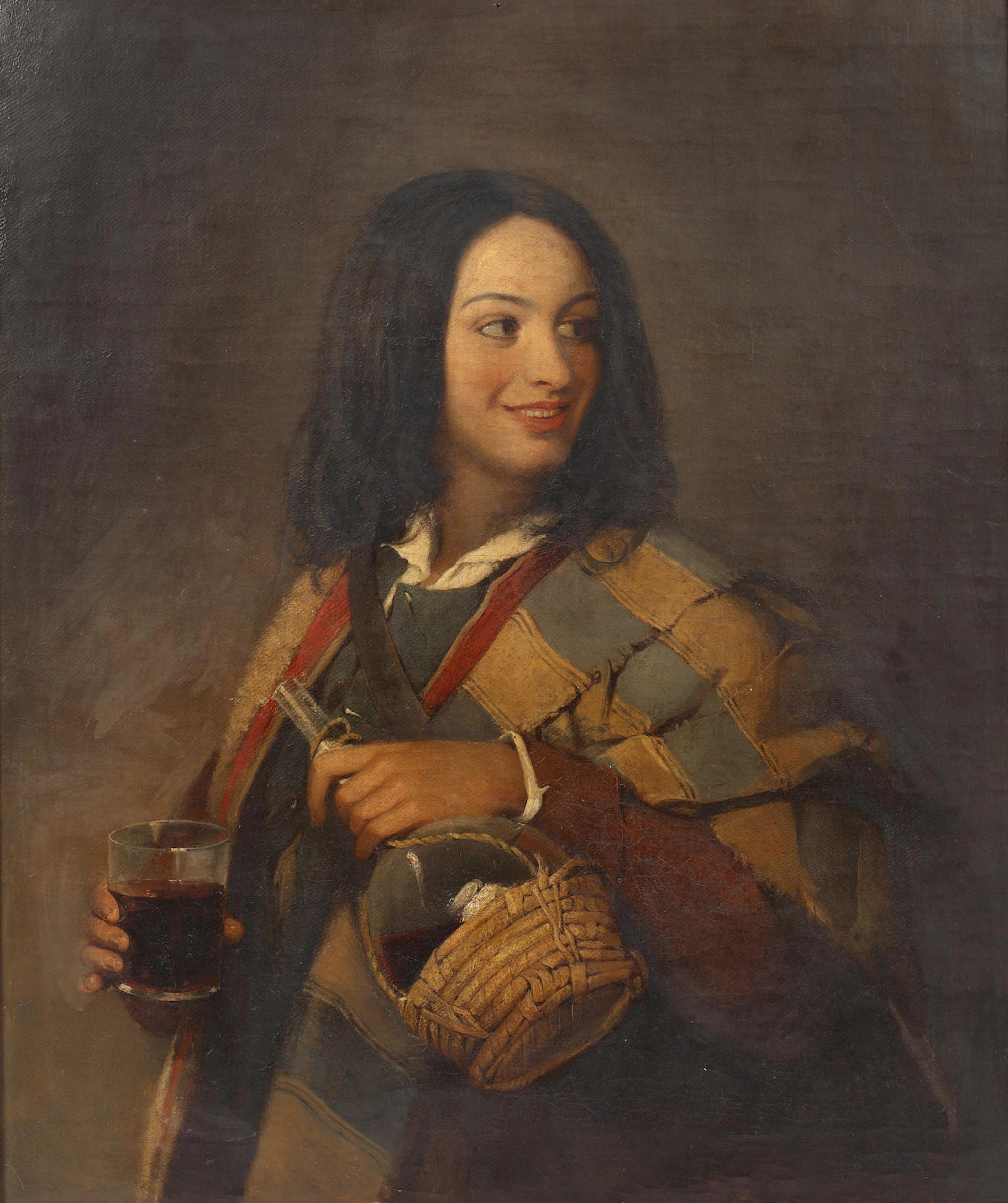 Portrait of a young girl, with glass and carafe of wine