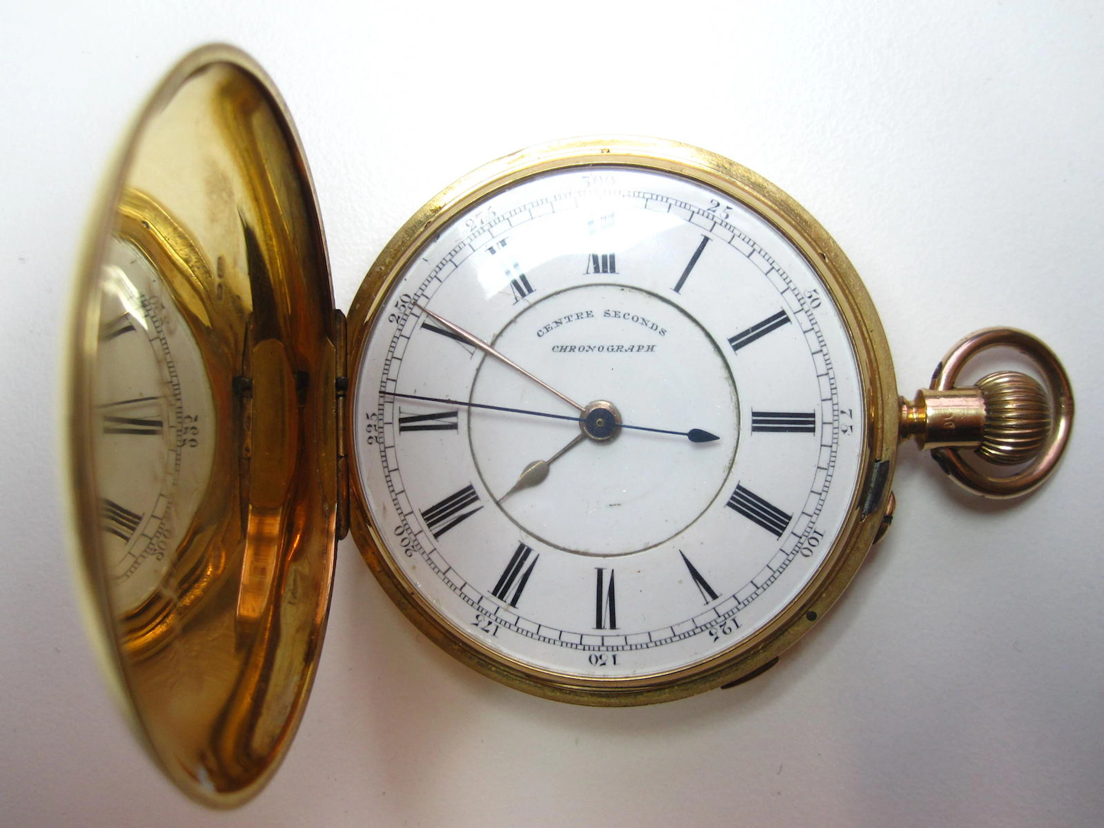 An 18ct gold hunter chronograph pocket watch, Chester